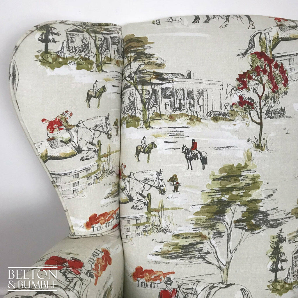 Hunting Print Wing Back Armchair with Cream Horse Hunting Fabric-Belton & Bumble