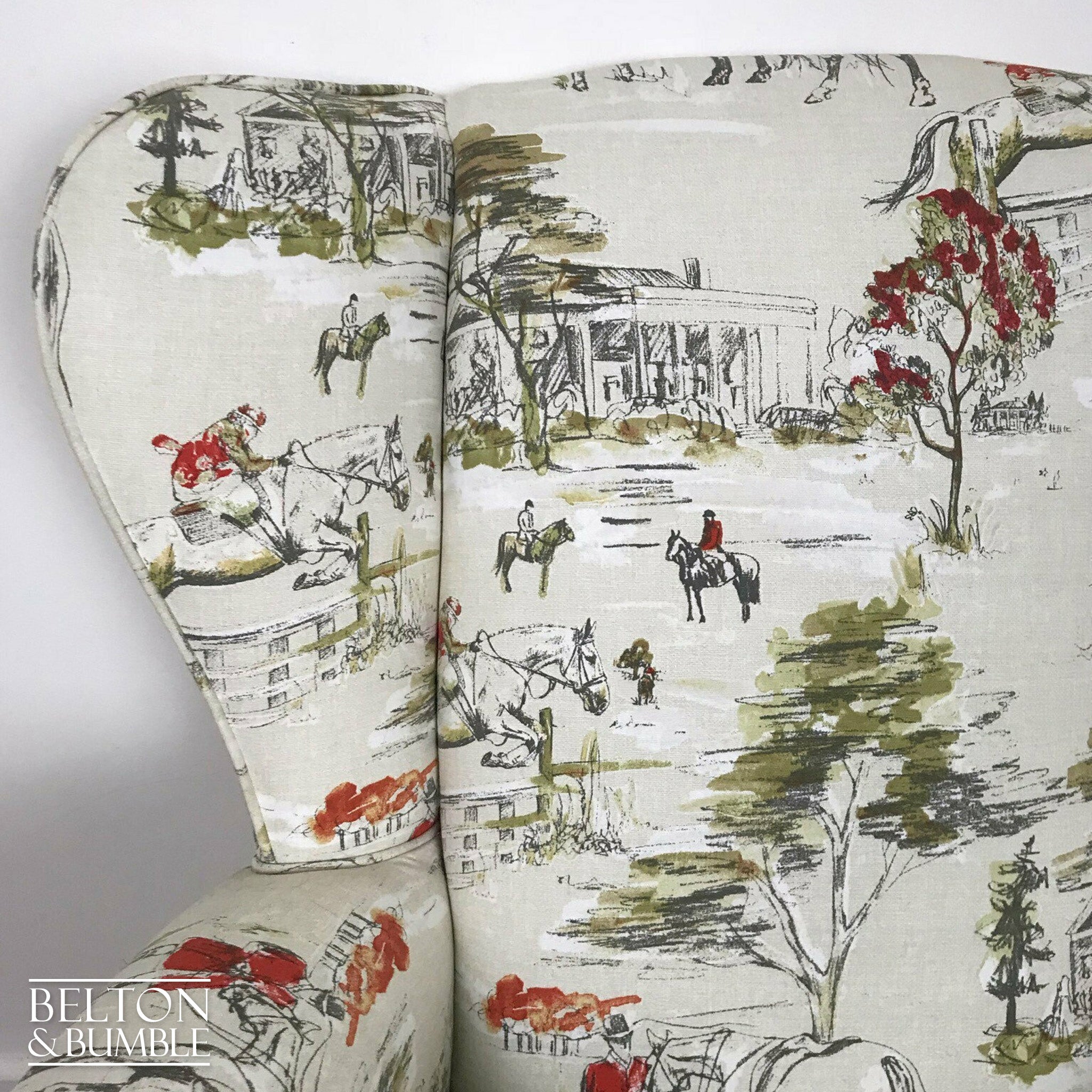 Hunting Print Wing Back Armchair with Cream Horse Hunting Fabric-Belton & Bumble