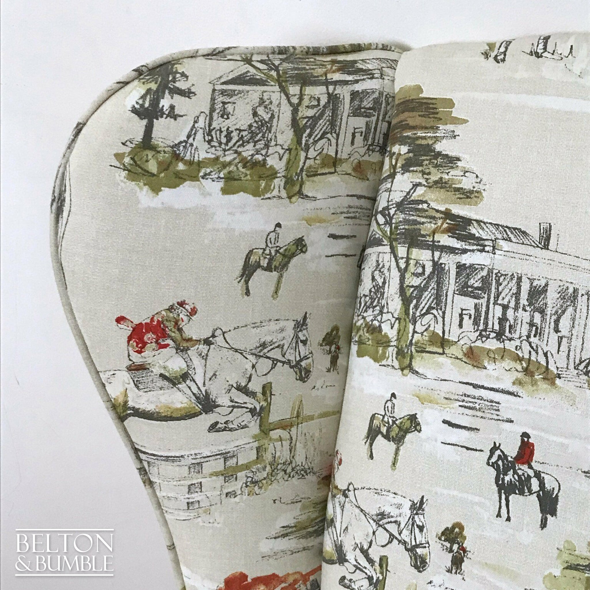 Hunting Print Wing Back Armchair with Cream Horse Hunting Fabric-Belton & Bumble