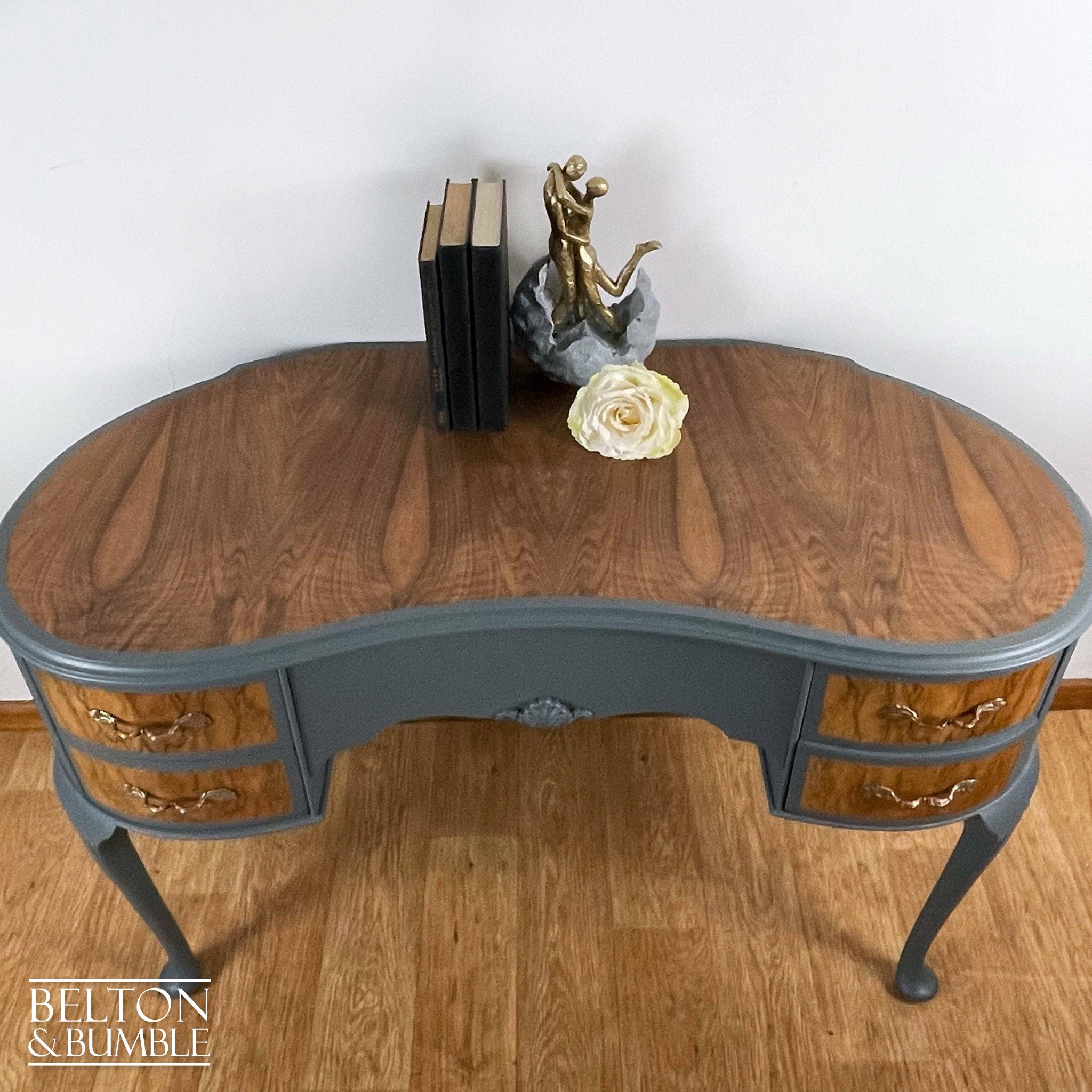 Kidney Shaped Dressing Table in Blue Grey and Wood-Belton & Bumble