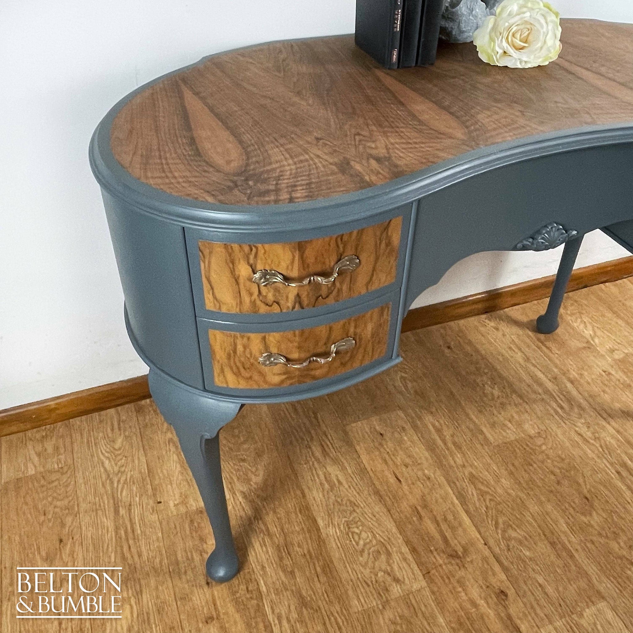 Kidney Shaped Dressing Table in Blue Grey and Wood-Belton & Bumble