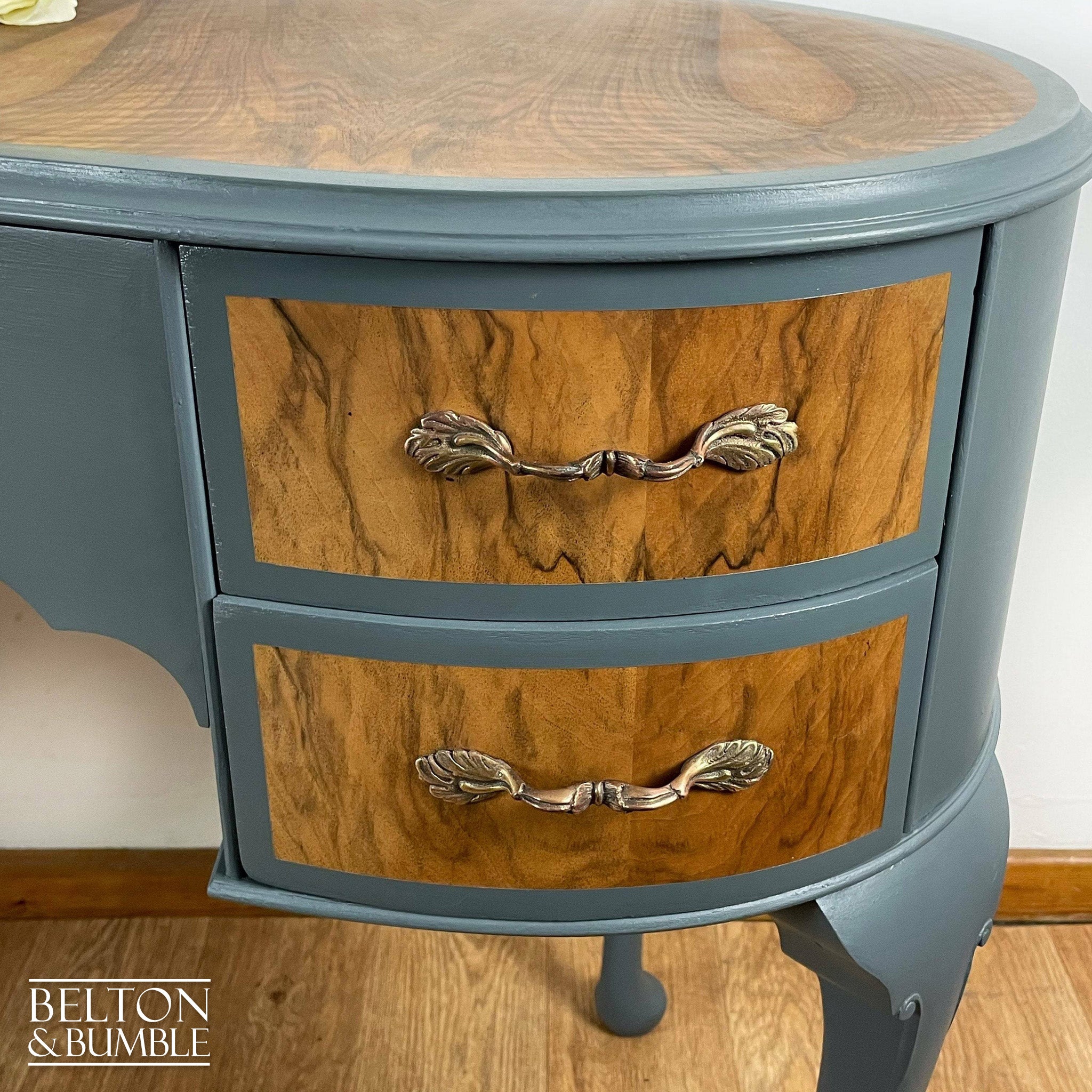 Kidney Shaped Dressing Table in Blue Grey and Wood-Belton & Bumble