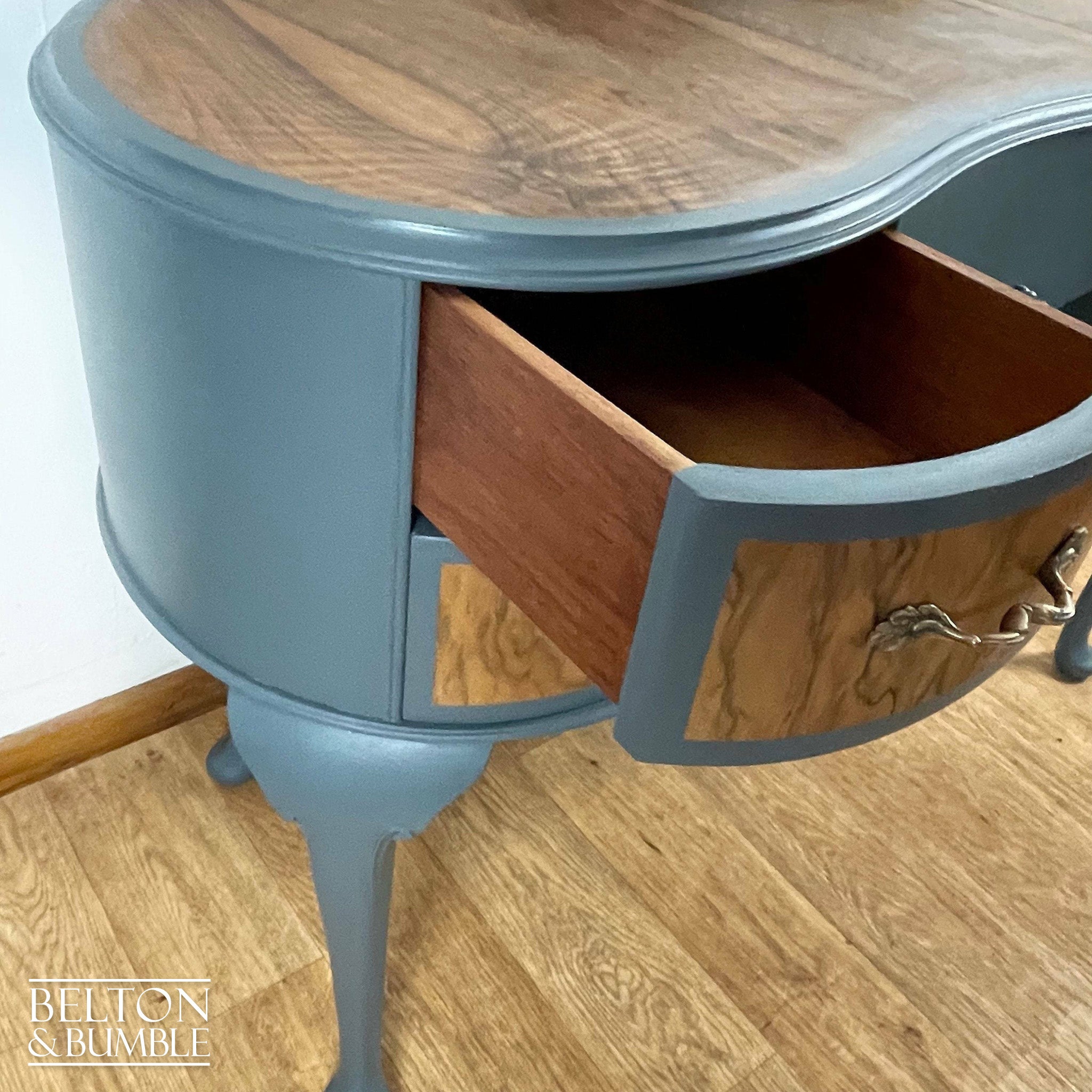 Kidney Shaped Dressing Table in Blue Grey and Wood-Belton & Bumble
