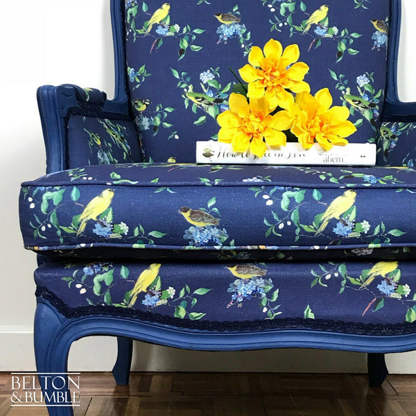 Large Blue Bird Print Armchair-Belton & Butler
