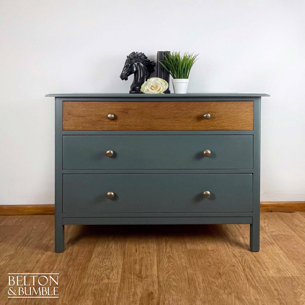Large Three Drawer Chest of Drawers in Grey Blue and Oak-Belton & Bumble
