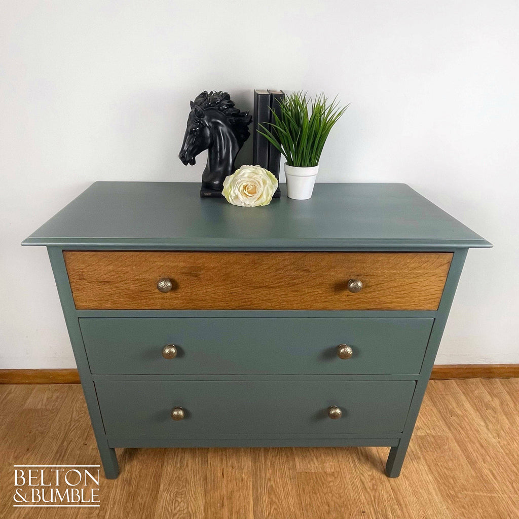 Large Three Drawer Chest of Drawers in Grey Blue and Oak-Belton & Bumble