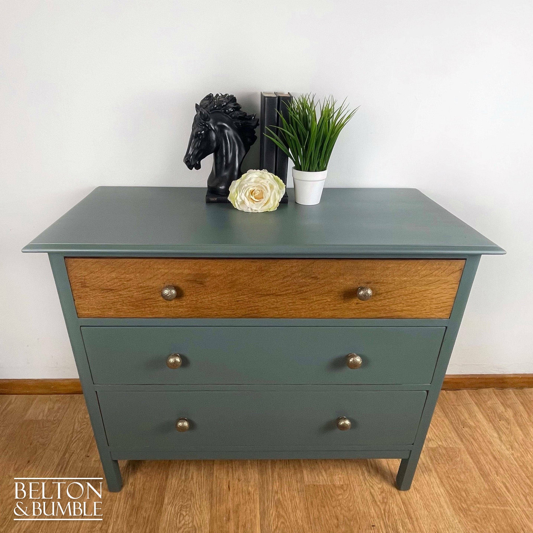 Large Three Drawer Chest of Drawers in Grey Blue and Oak-Belton & Bumble