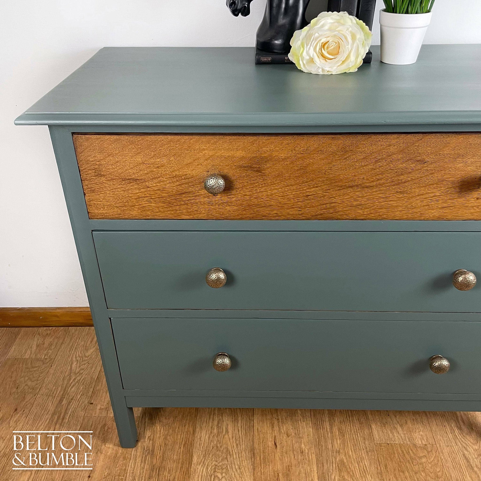 Large Three Drawer Chest of Drawers in Grey Blue and Oak-Belton & Bumble