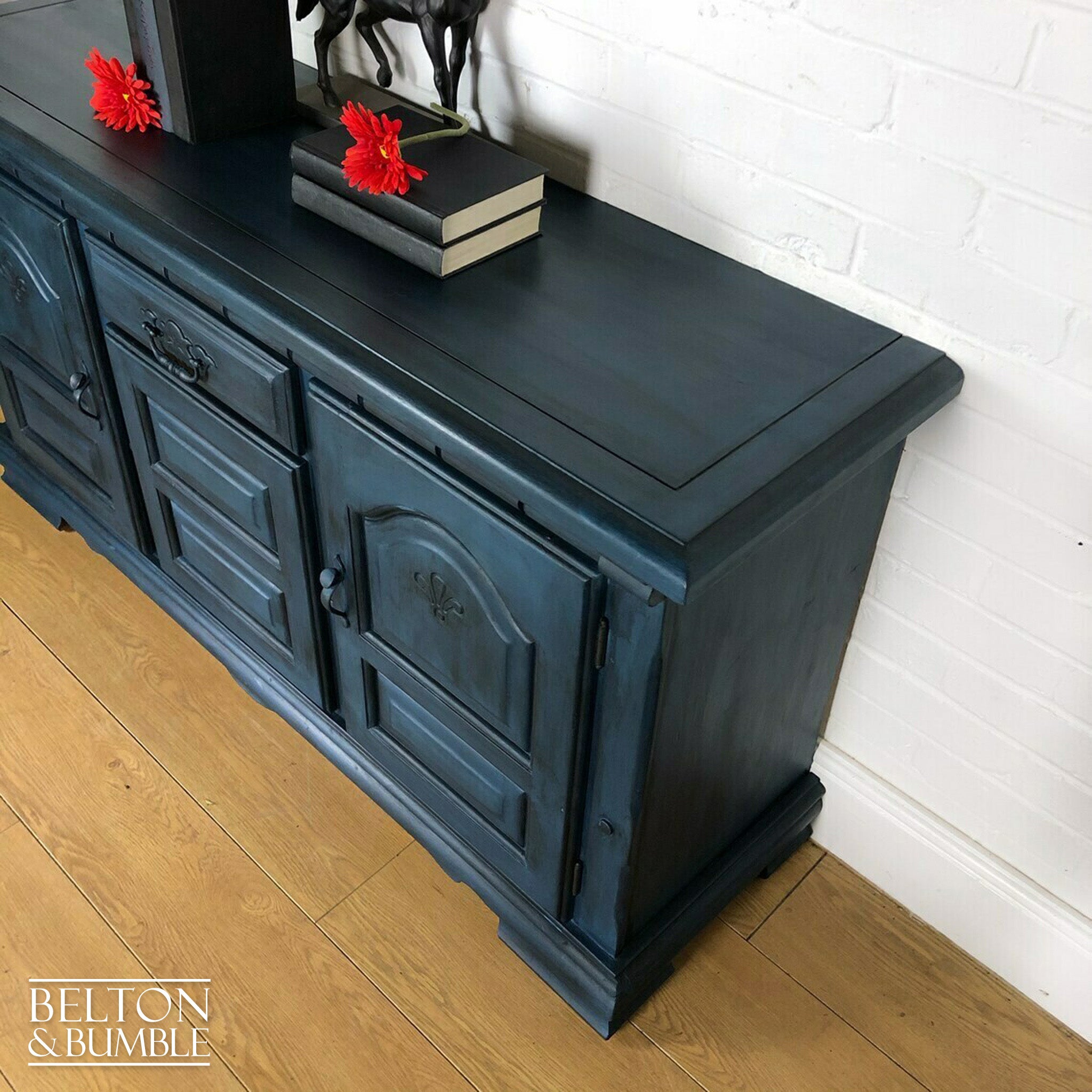 Dark Blue Carved Narrow Sideboard-Belton & Bumble