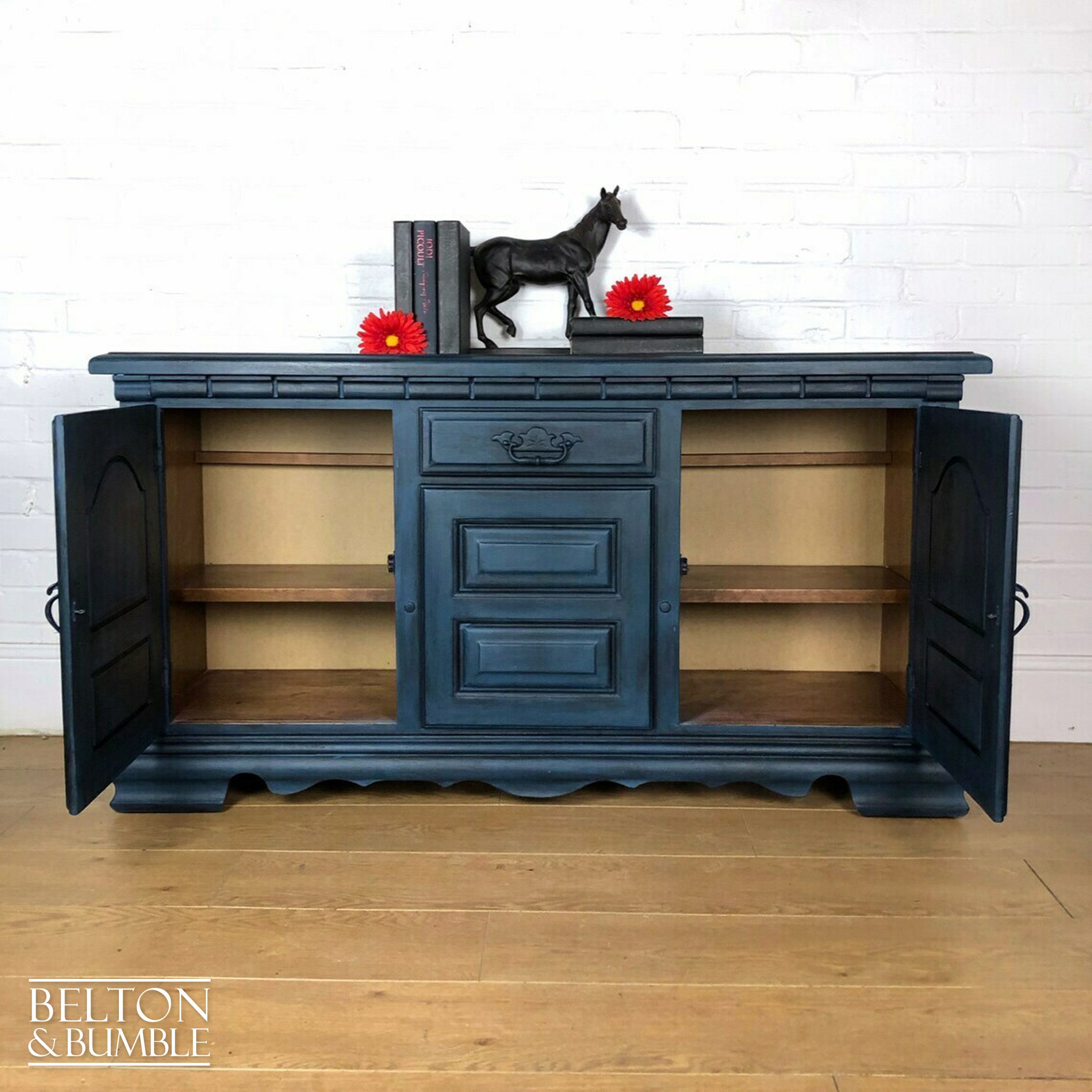 Dark Blue Carved Narrow Sideboard-Belton & Bumble