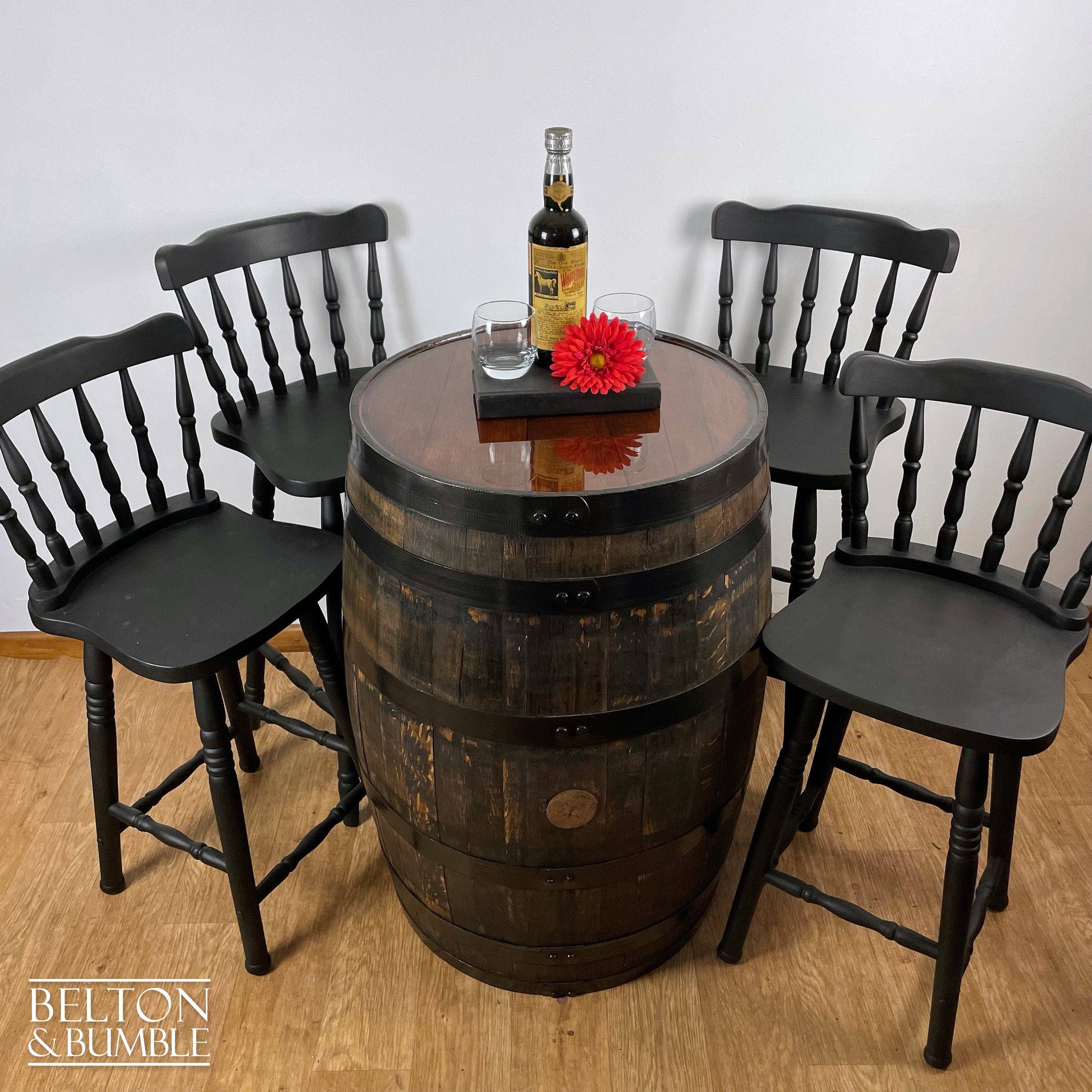 Oak Whisky Barrel Table and Four Stool Bar Set-Belton & Bumble
