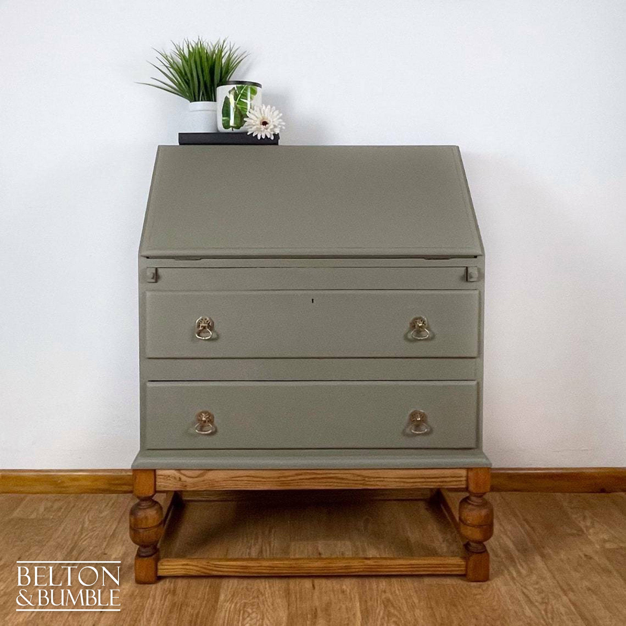 Oak Writing Desk Bureau in Green Grey-Belton & Bumble