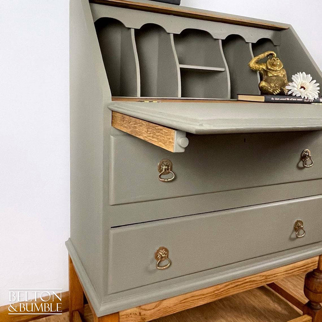 Oak Writing Desk Bureau in Green Grey-Belton & Bumble
