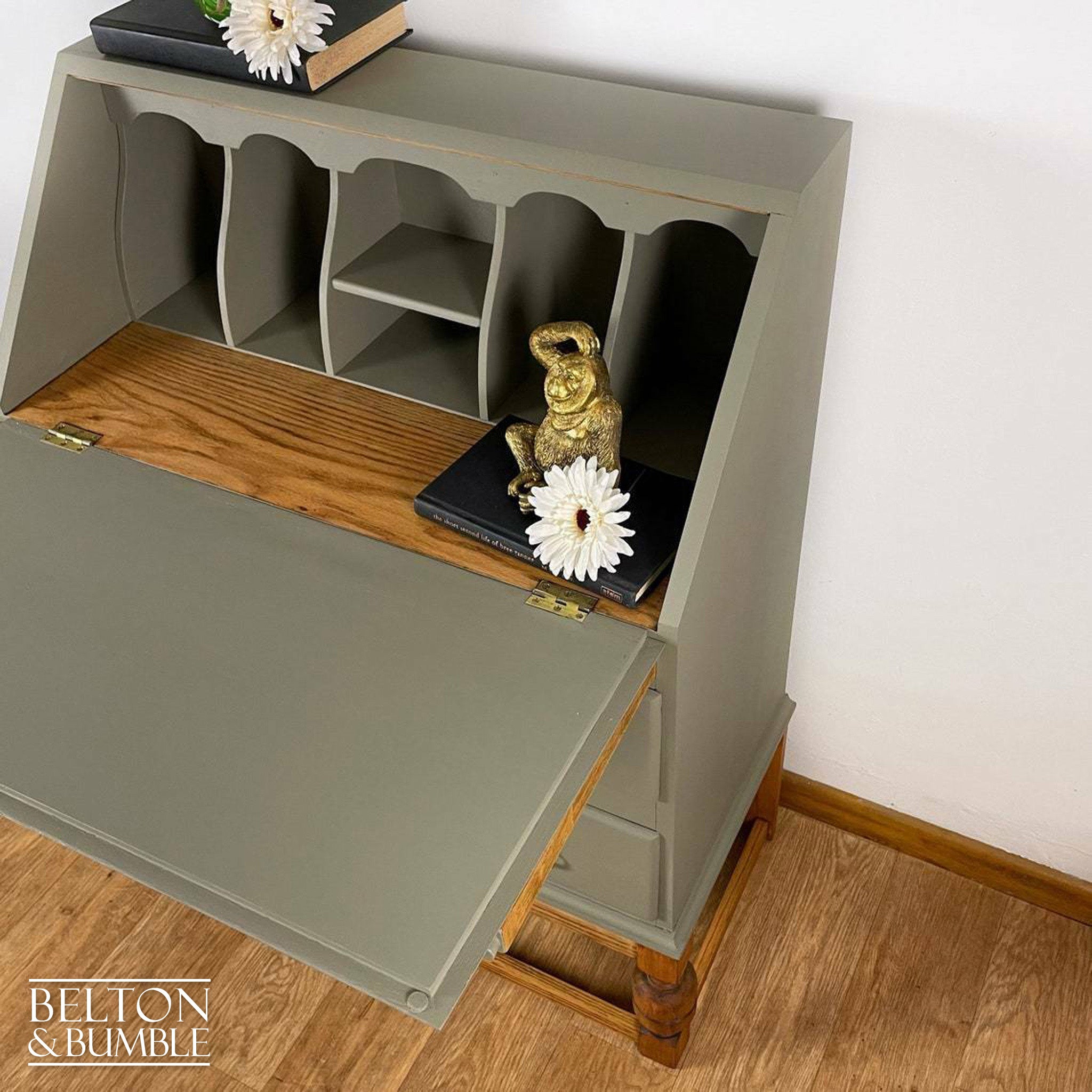 Oak Writing Desk Bureau in Green Grey-Belton & Bumble