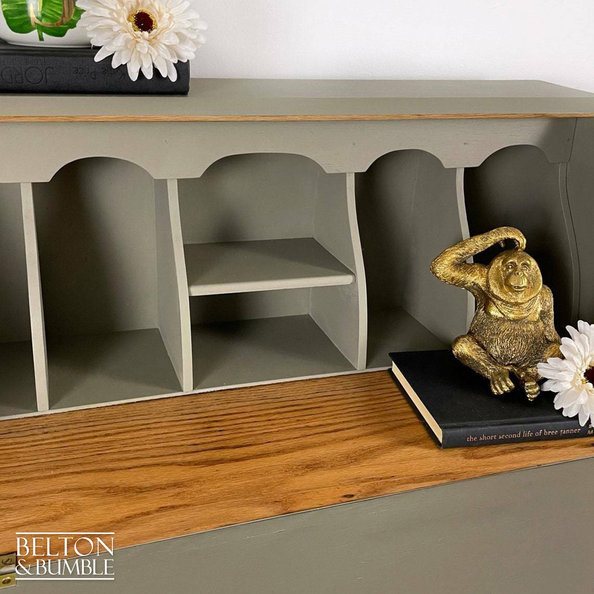 Oak Writing Desk Bureau in Green Grey-Belton & Bumble