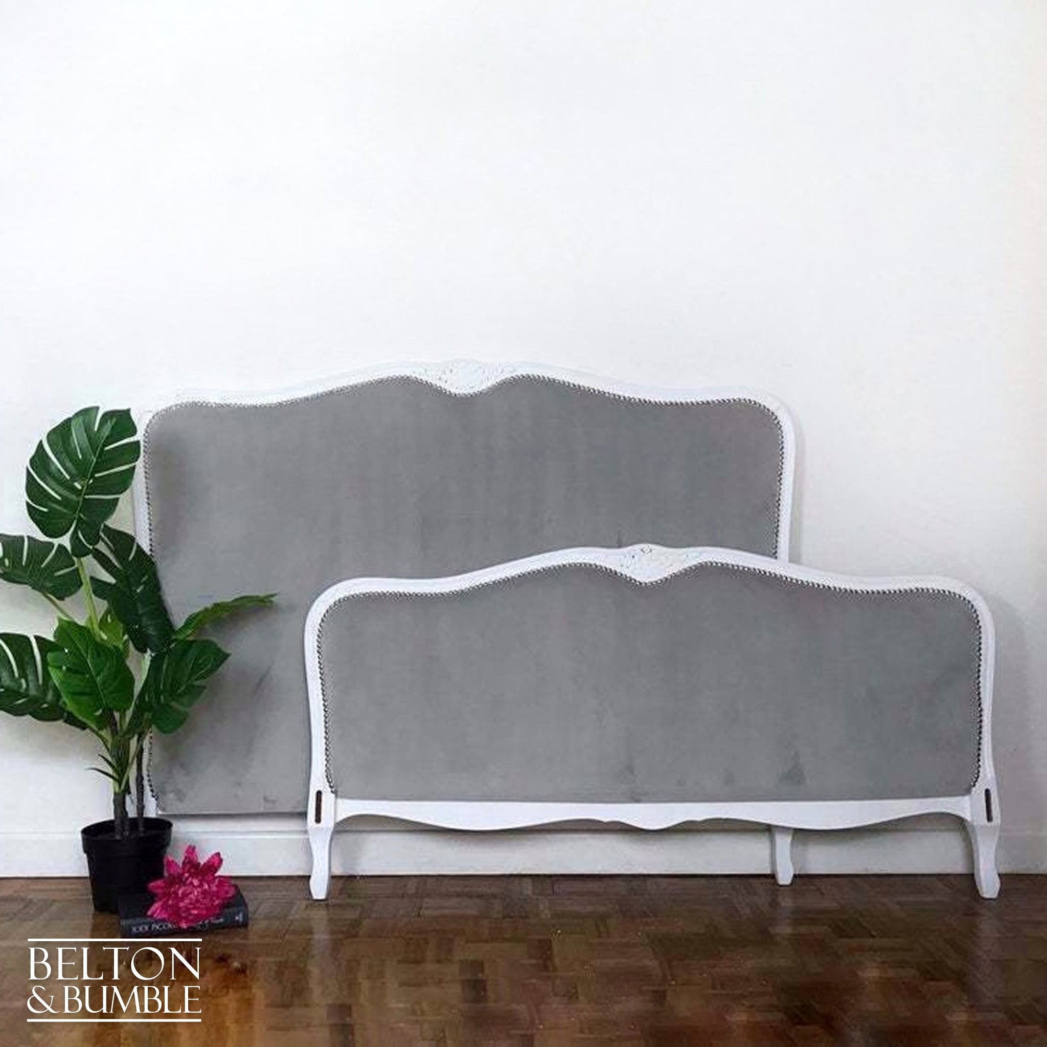Ornate French Double Bed in White and Grey Velvet-Belton & Bumble