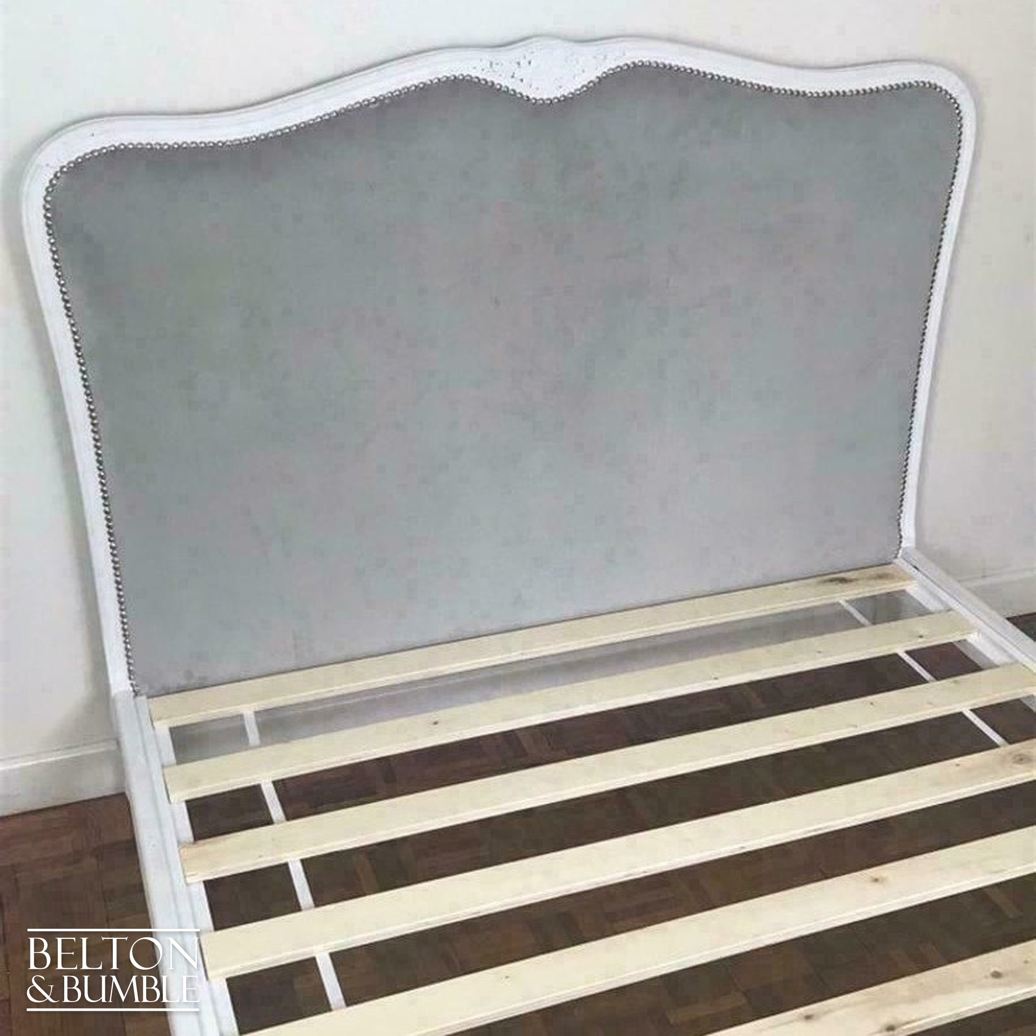 Ornate French Double Bed in White and Grey Velvet-Belton & Bumble
