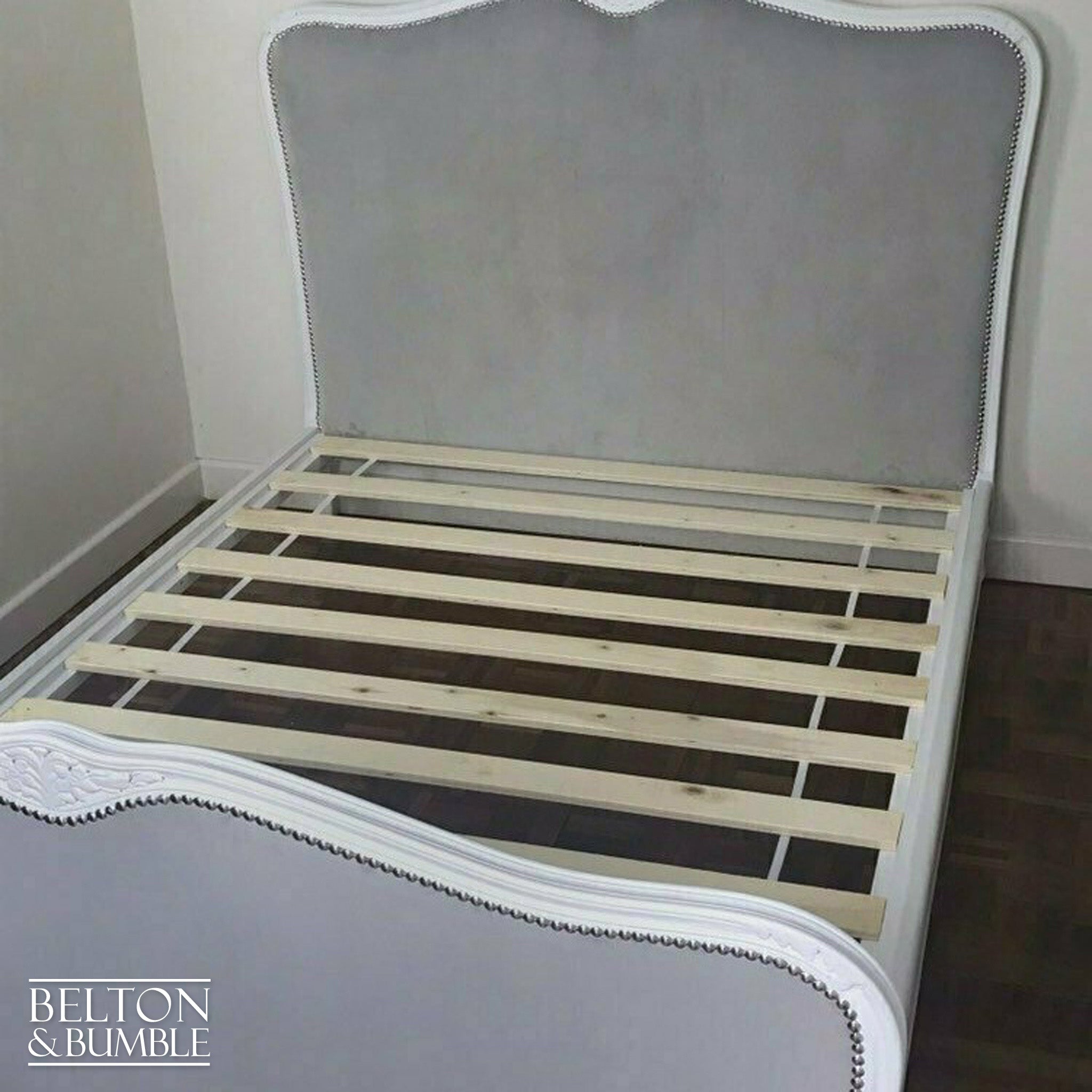 Ornate French Double Bed in White and Grey Velvet-Belton & Bumble