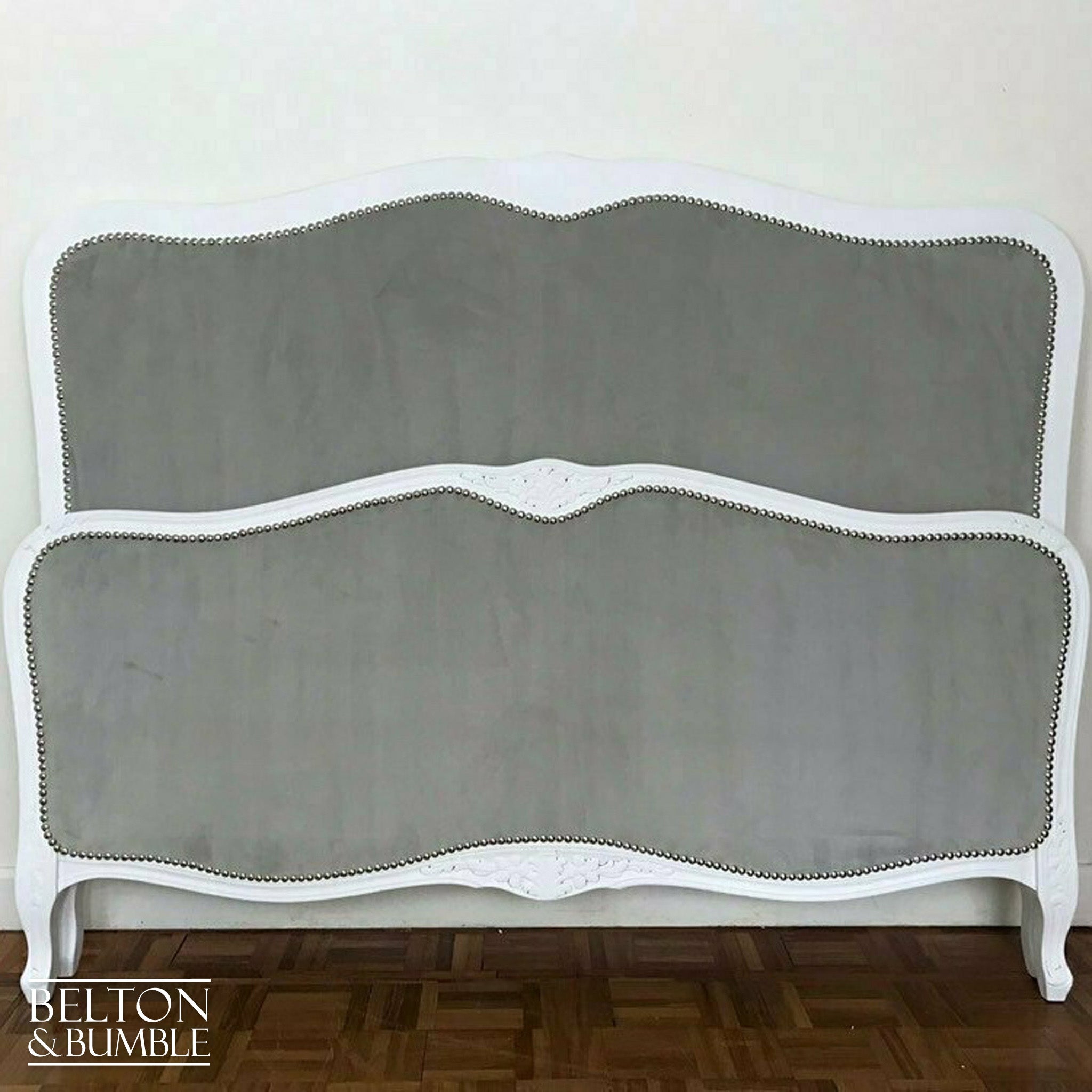 Ornate French Double Bed in White and Grey Velvet-Belton & Bumble