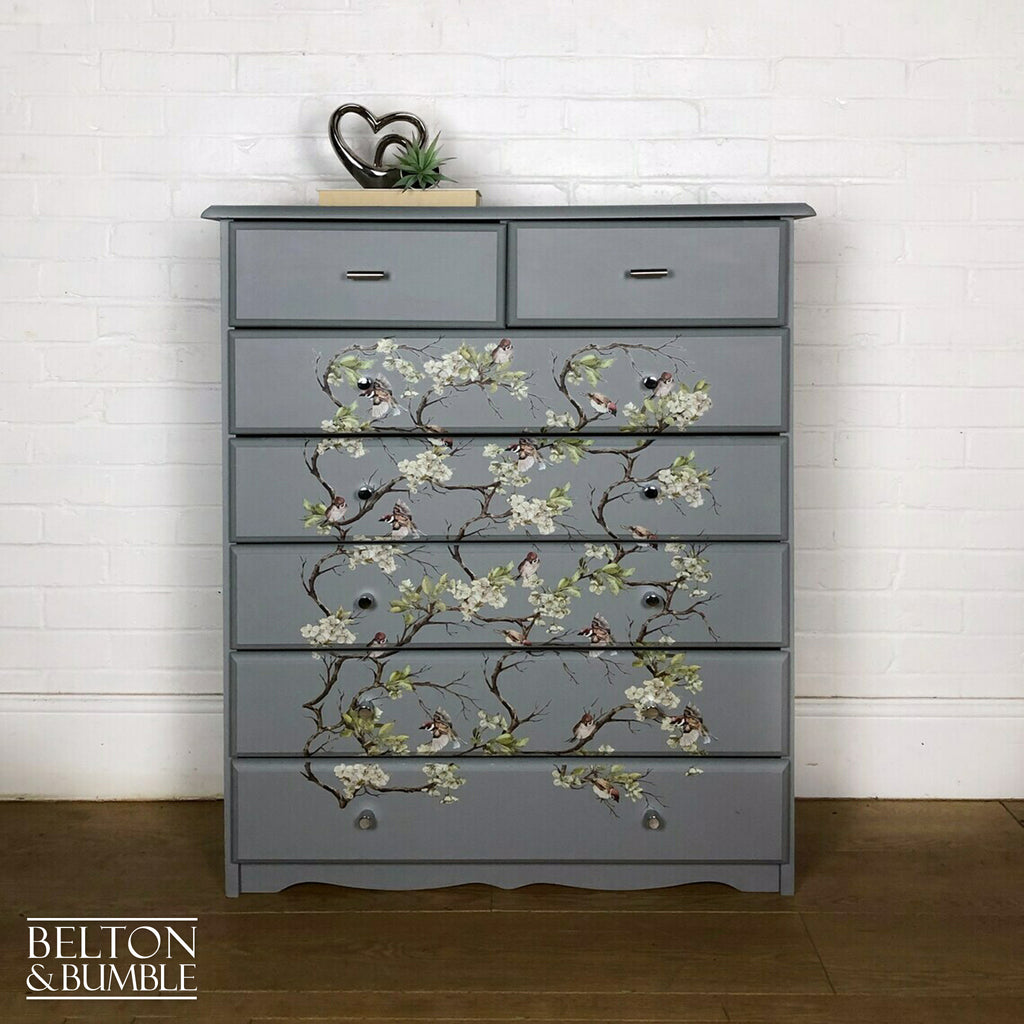 Pine Chest of Drawers in Grey with Bird Print-Belton & Bumble