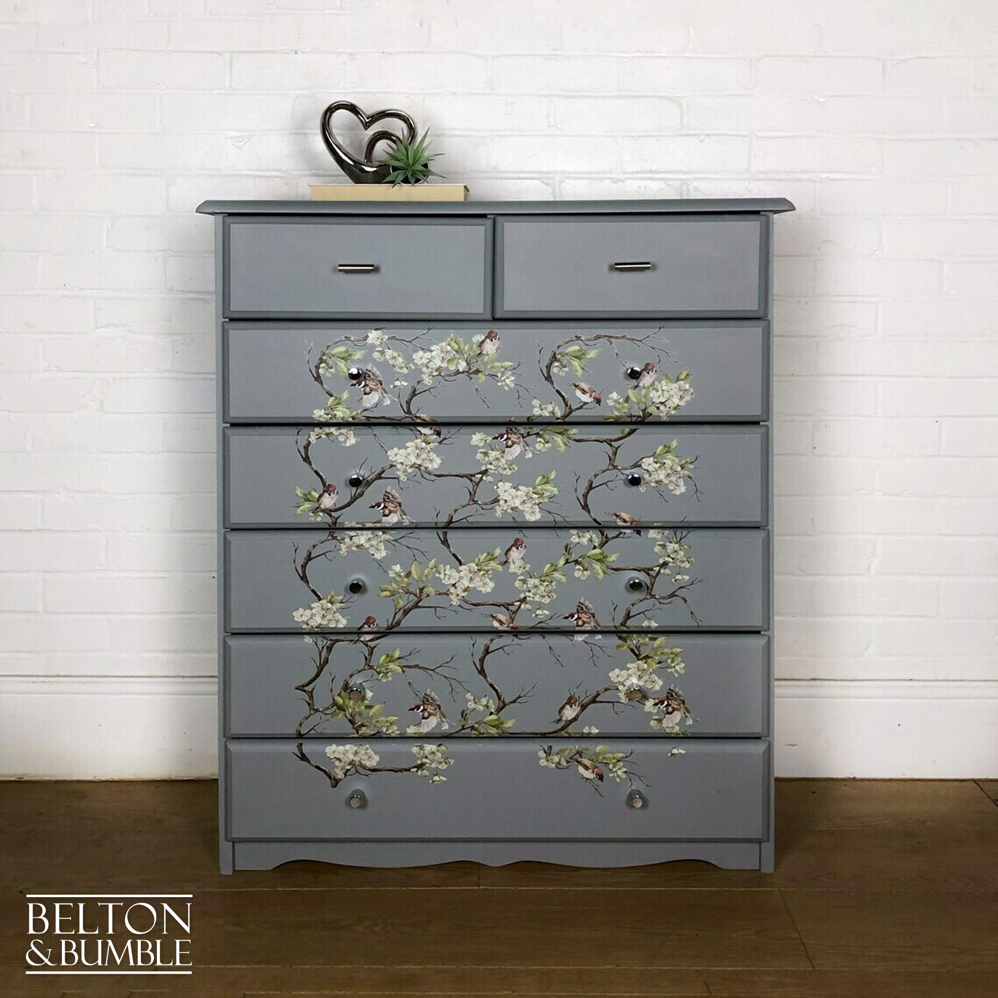 Pine Chest of Drawers in Grey with Bird Print-Belton & Bumble