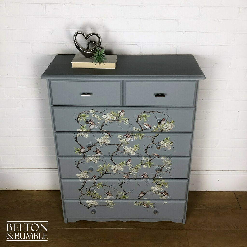 Pine Chest of Drawers in Grey with Bird Print-Belton & Bumble