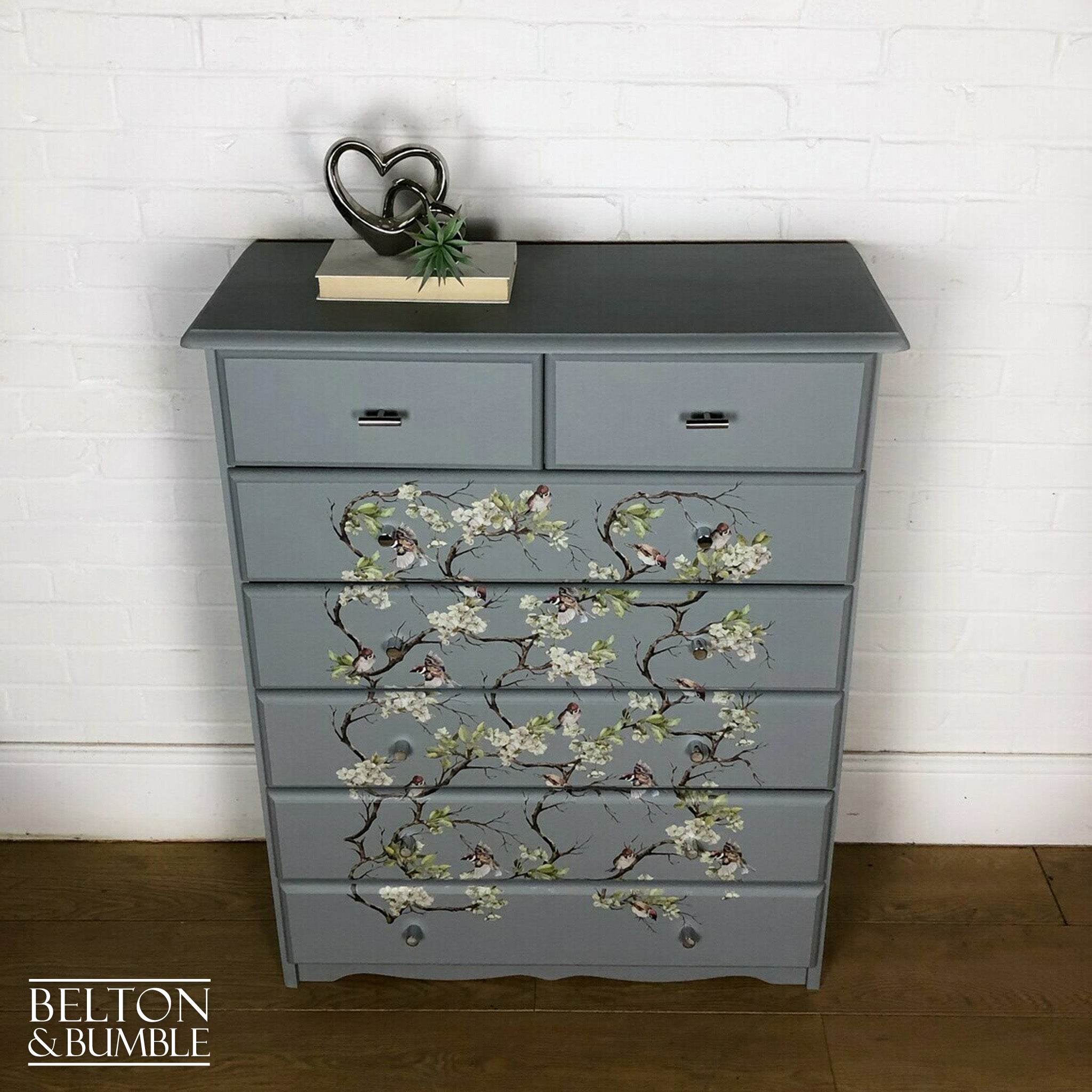 Pine Chest of Drawers in Grey with Bird Print-Belton & Bumble