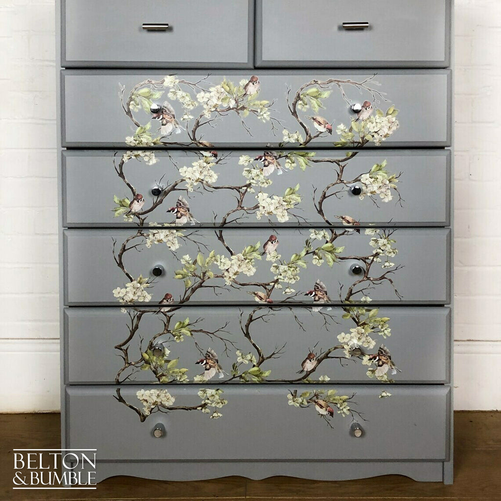 Pine Chest of Drawers in Grey with Bird Print-Belton & Bumble