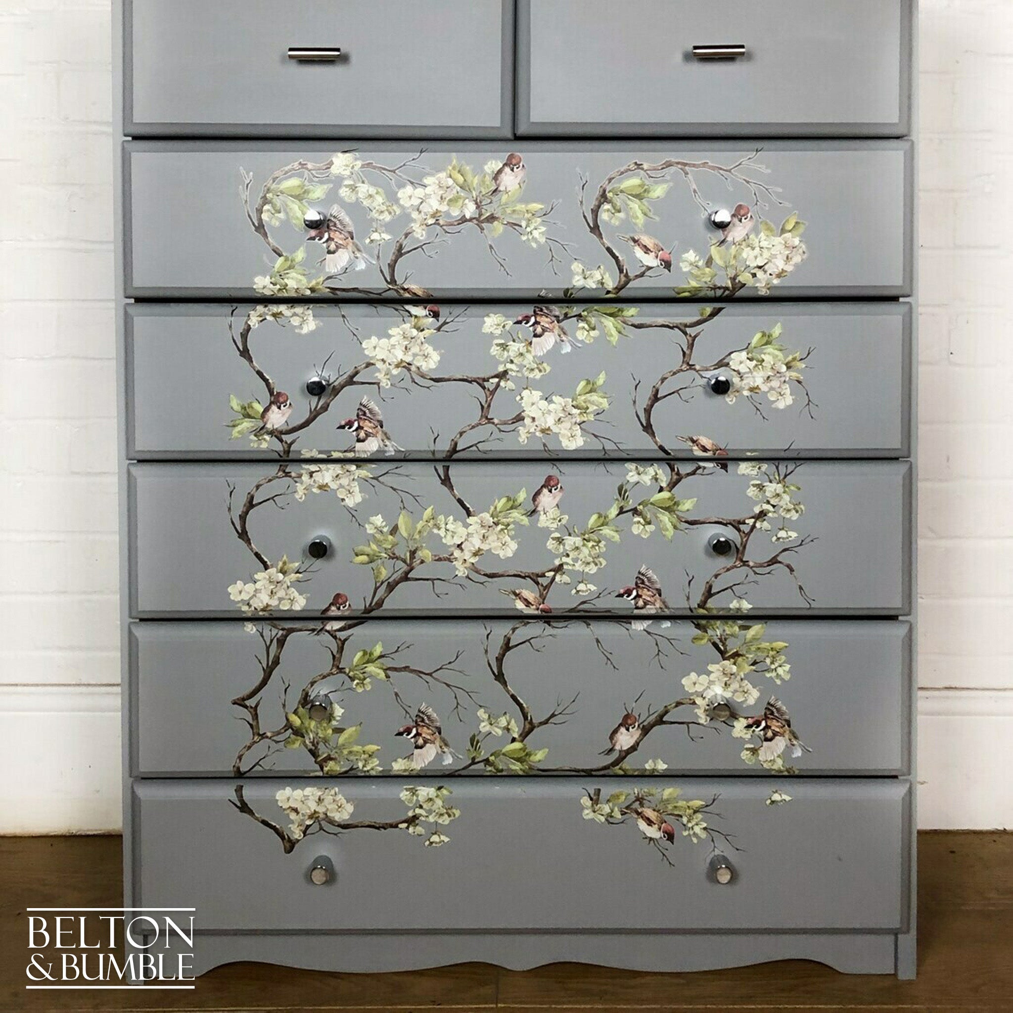 Pine Chest of Drawers in Grey with Bird Print-Belton & Bumble