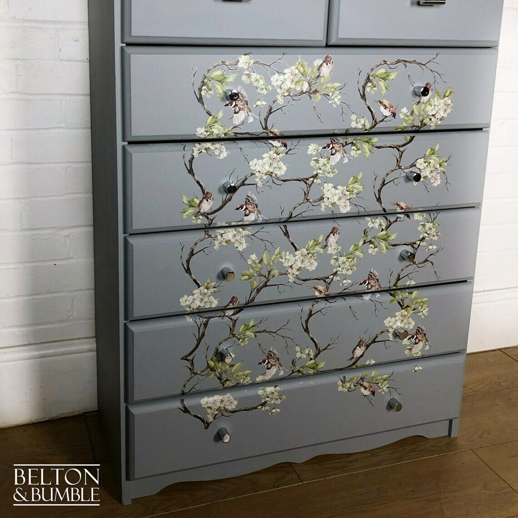 Pine Chest of Drawers in Grey with Bird Print-Belton & Bumble