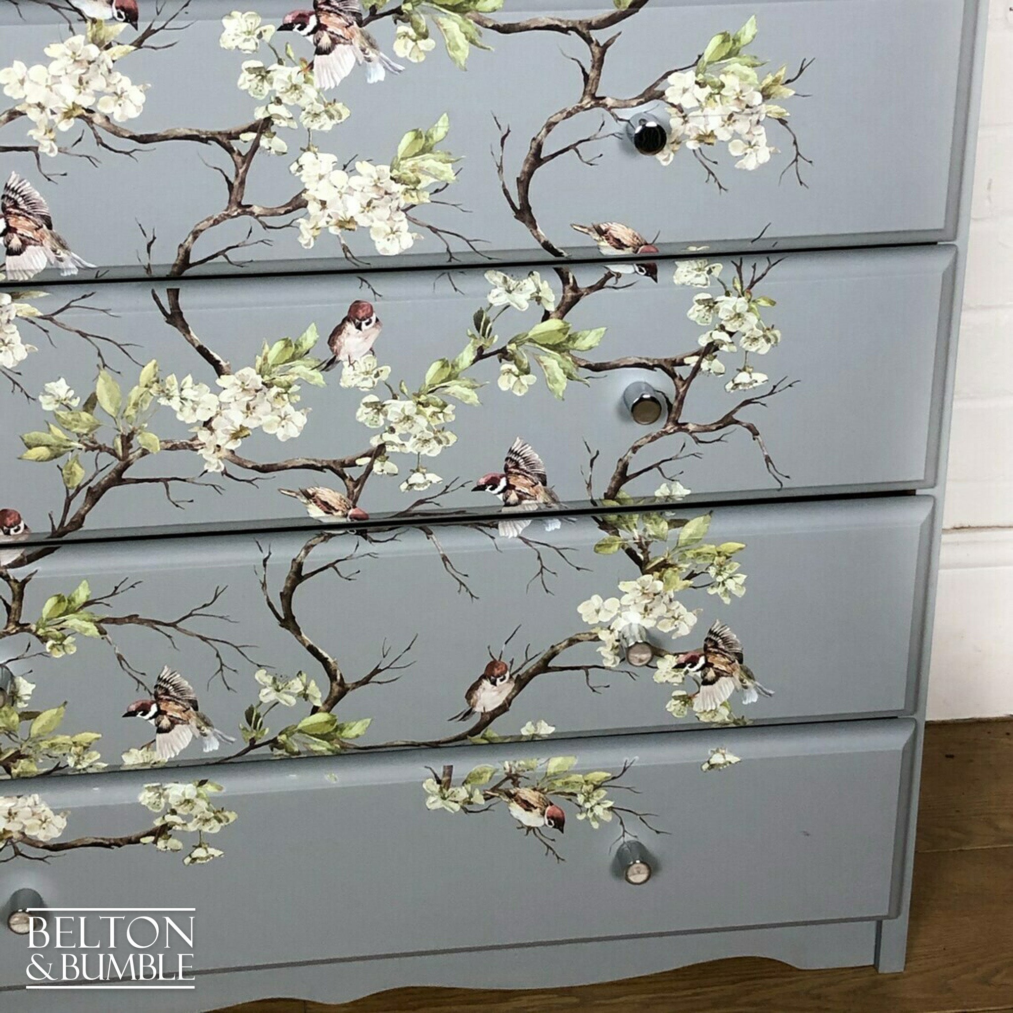 Pine Chest of Drawers in Grey with Bird Print-Belton & Bumble