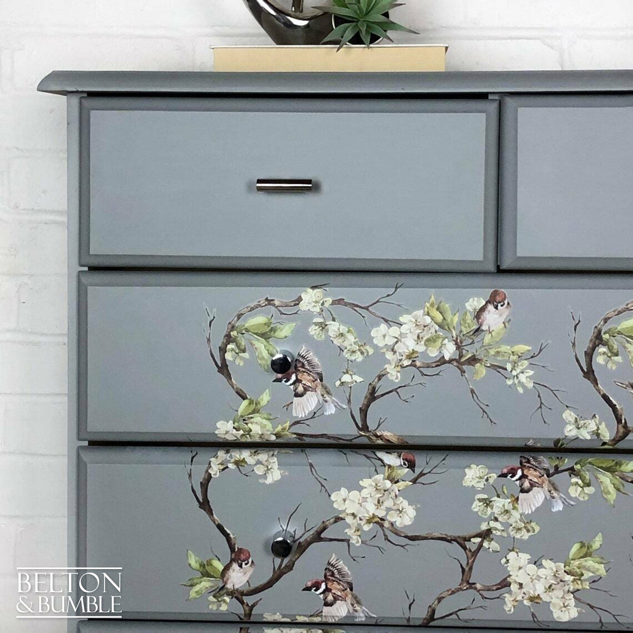 Pine Chest of Drawers in Grey with Bird Print-Belton & Bumble