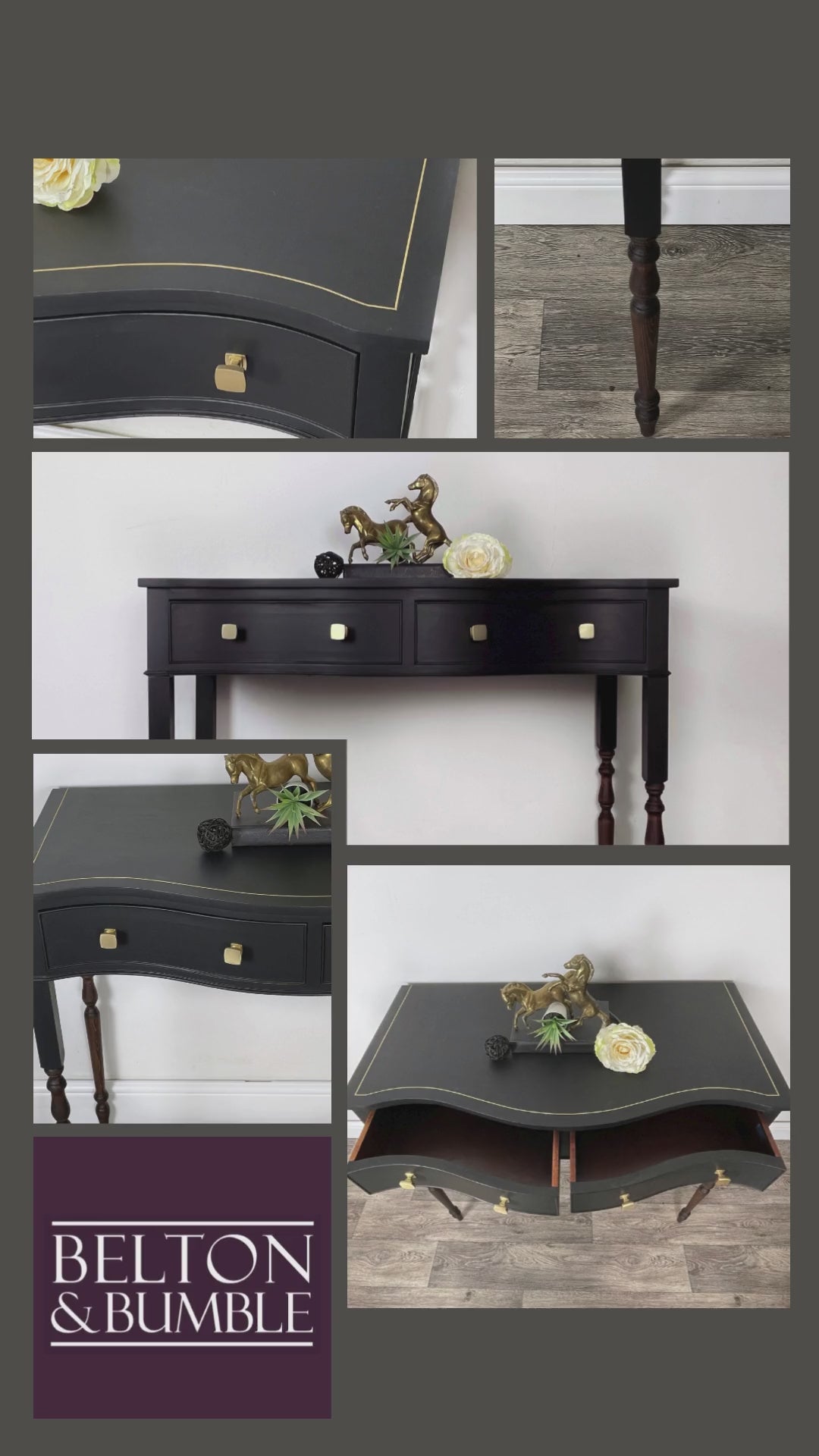 Tall Console or Sofa Table, Bow Fronted with Drawers in Black