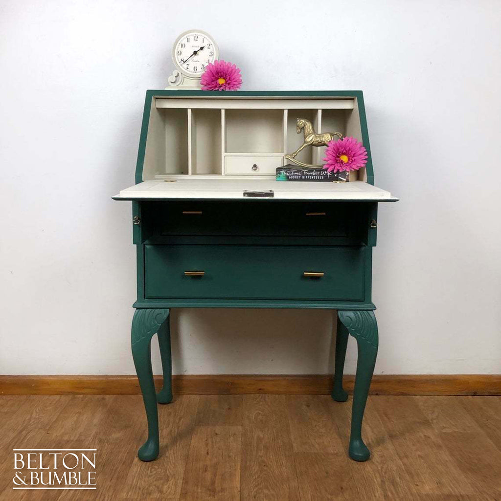 Queen Anne Vintage Long Legged Bureau Writing Desk in Green and Cream-Belton & Bumble