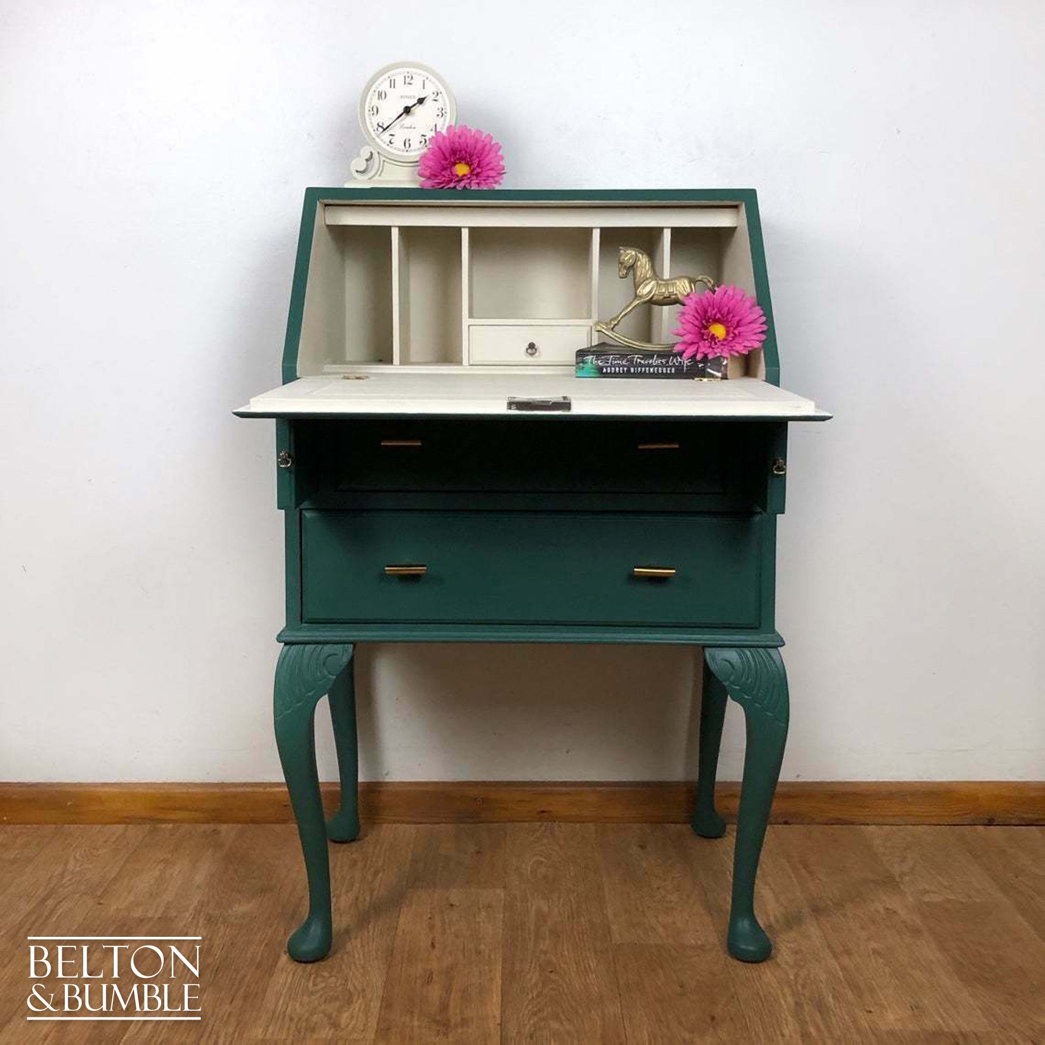 Queen Anne Vintage Long Legged Bureau Writing Desk in Green and Cream-Belton & Bumble