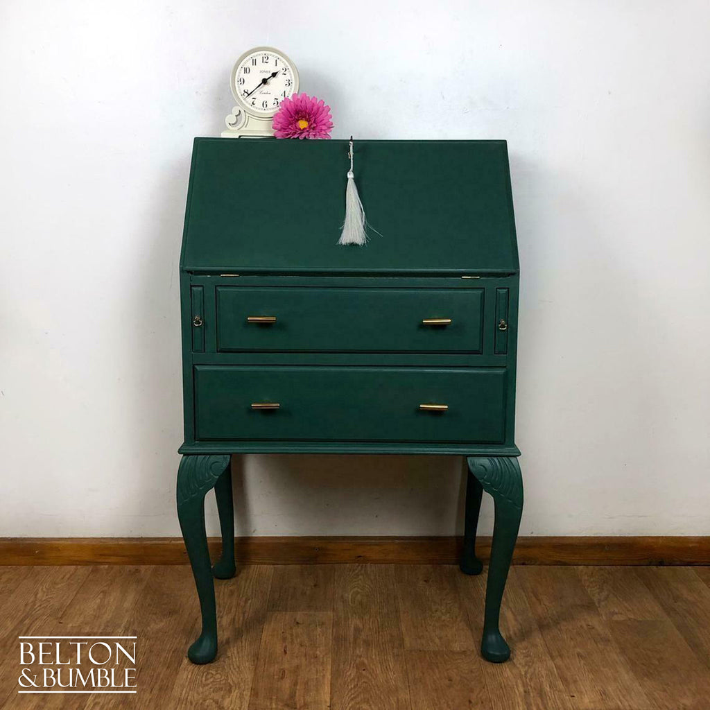 Queen Anne Vintage Long Legged Bureau Writing Desk in Green and Cream-Belton & Bumble