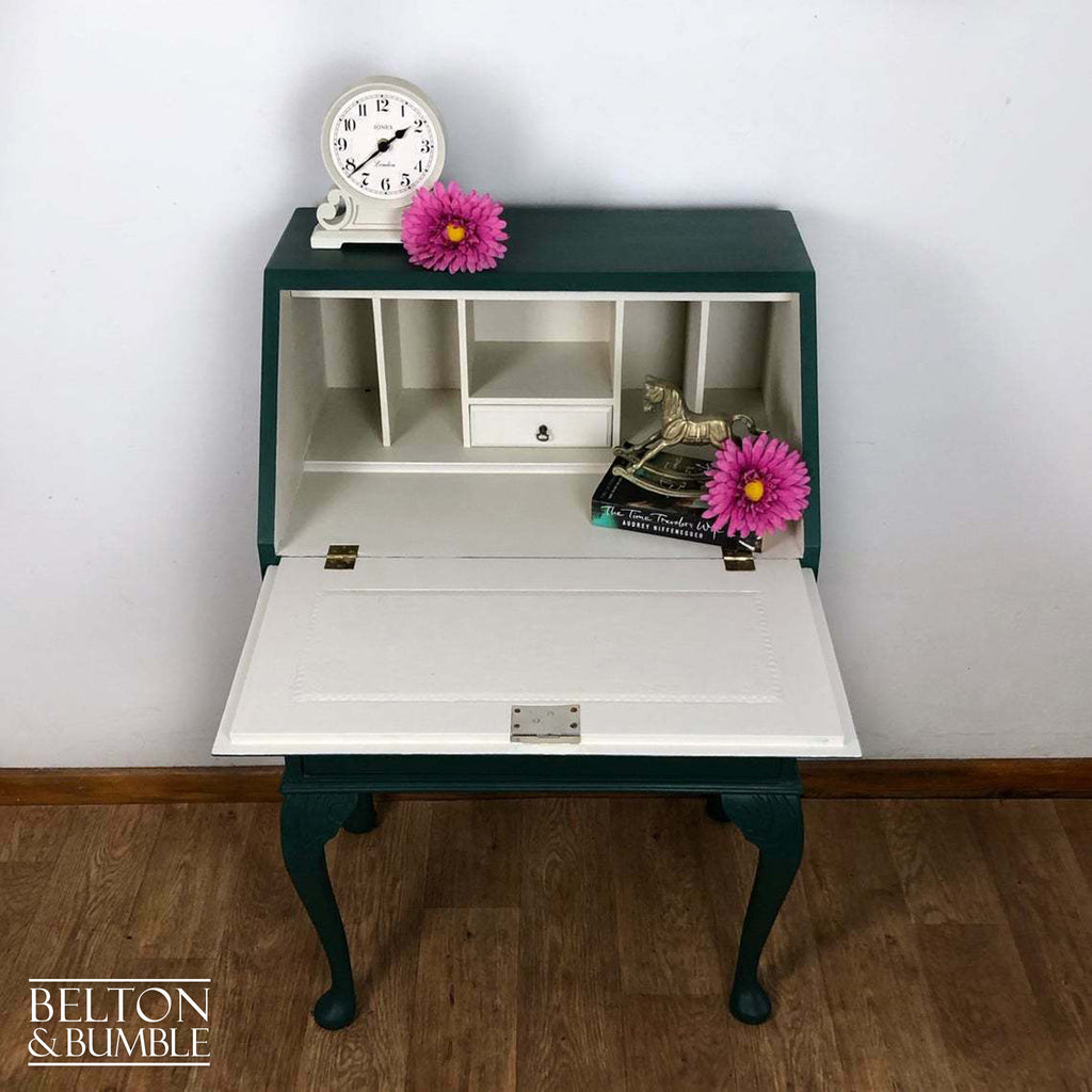 Queen Anne Vintage Long Legged Bureau Writing Desk in Green and Cream-Belton & Bumble