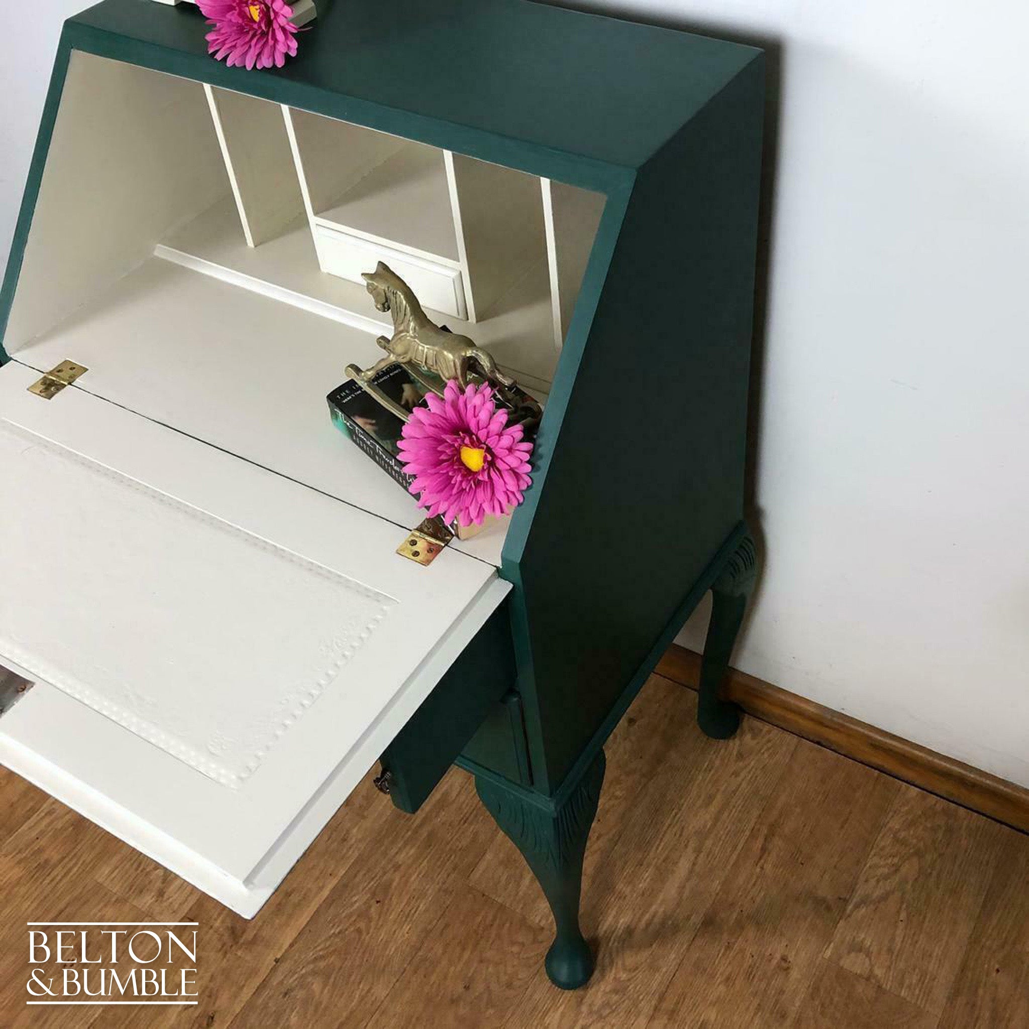 Queen Anne Vintage Long Legged Bureau Writing Desk in Green and Cream-Belton & Bumble