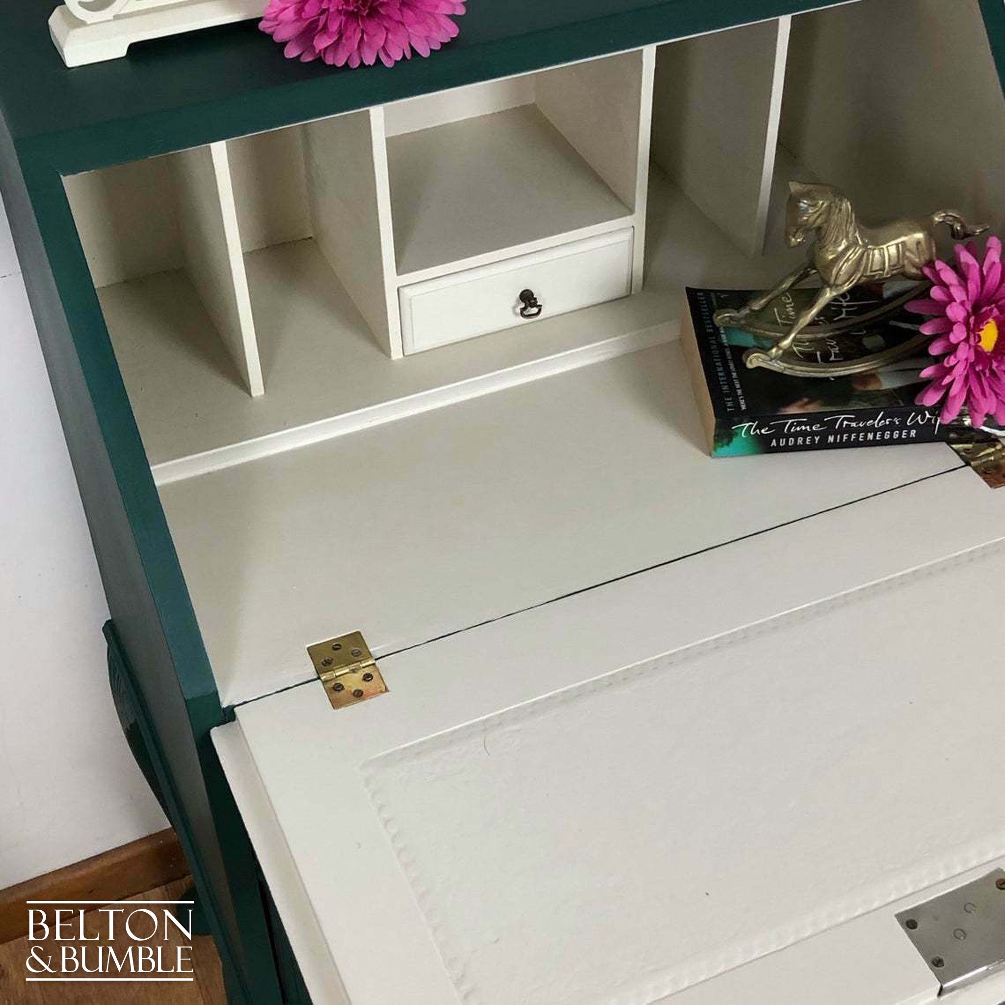 Queen Anne Vintage Long Legged Bureau Writing Desk in Green and Cream-Belton & Bumble