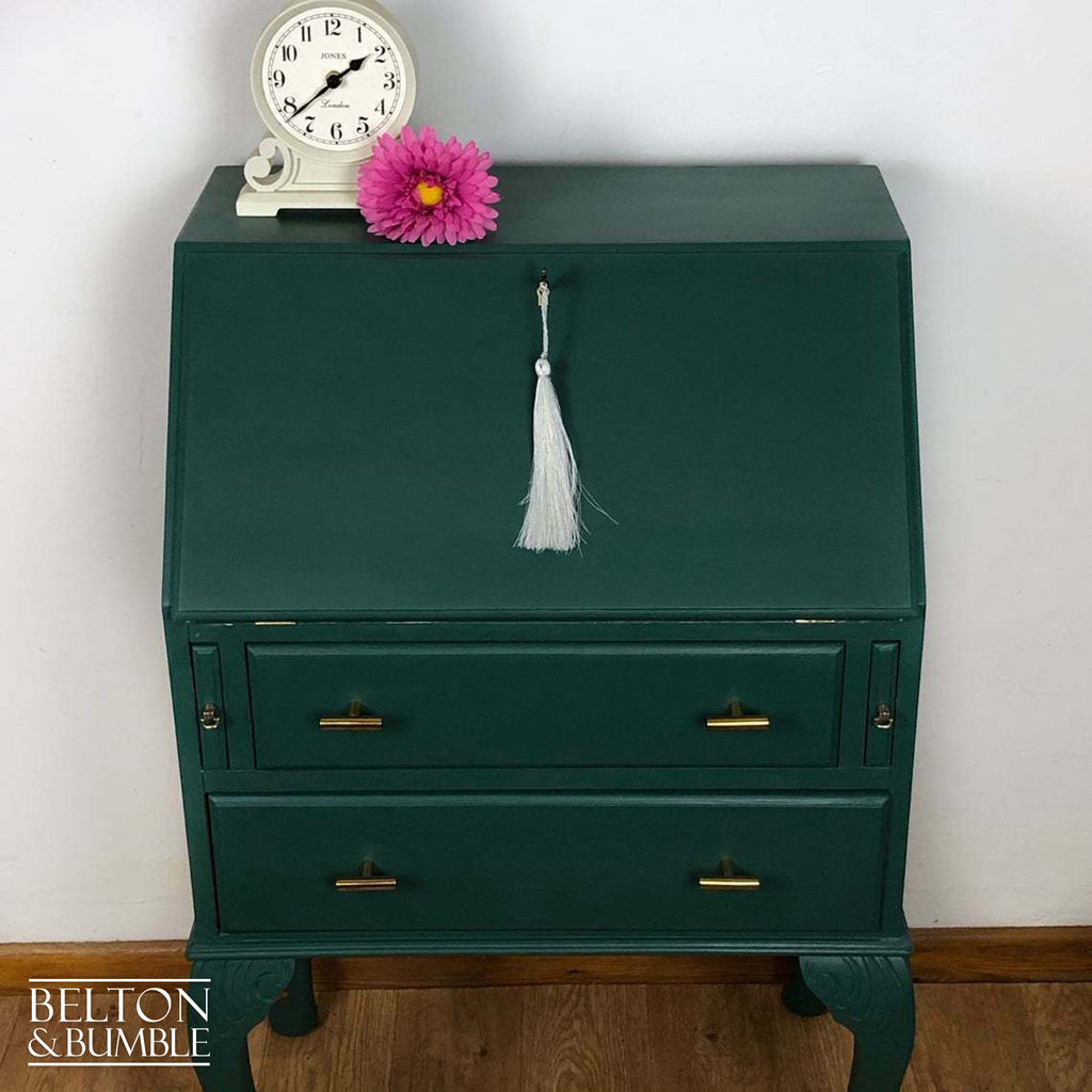 Queen Anne Vintage Long Legged Bureau Writing Desk in Green and Cream-Belton & Bumble