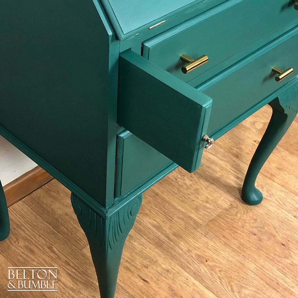 Queen Anne Vintage Long Legged Bureau Writing Desk in Green and Cream-Belton & Bumble