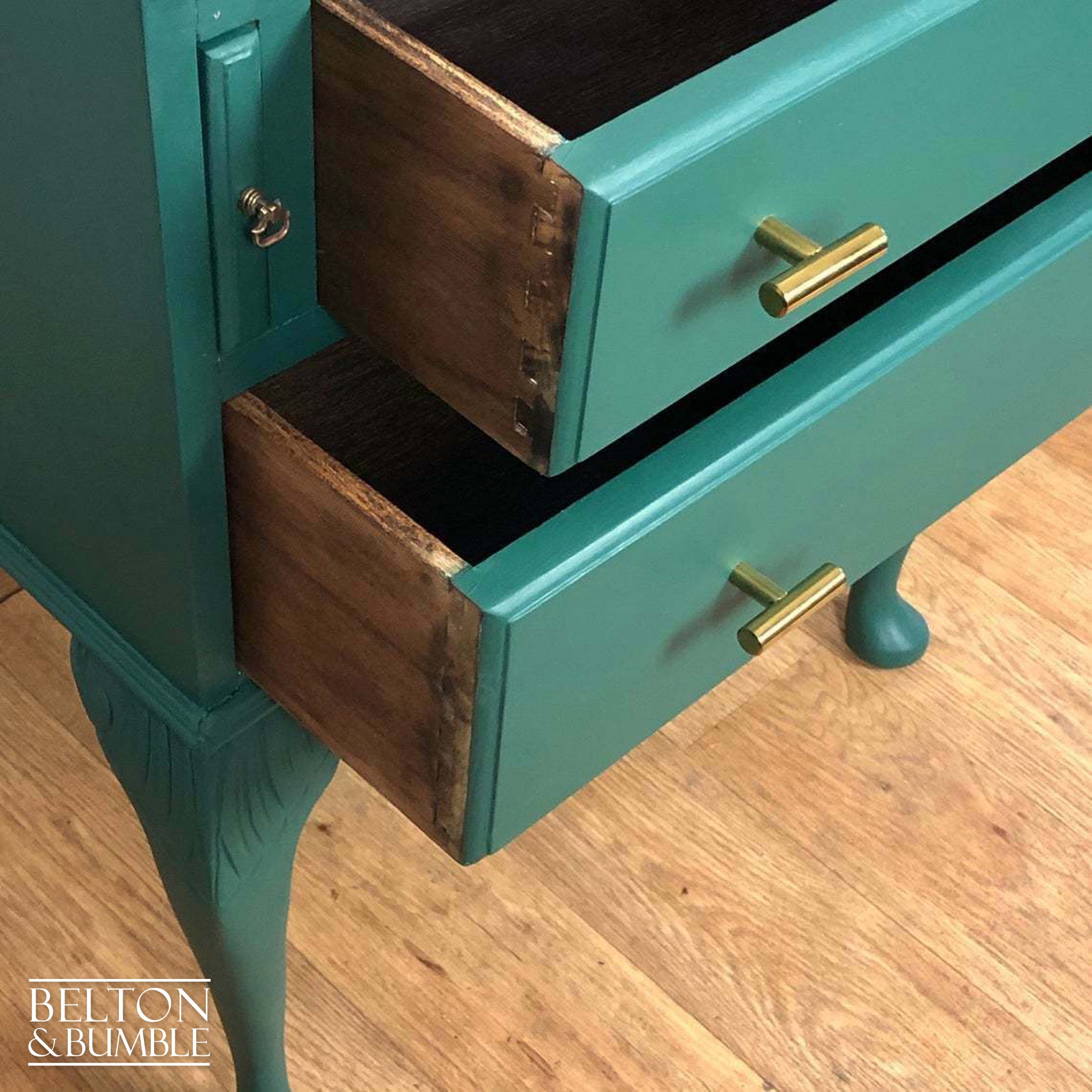 Queen Anne Vintage Long Legged Bureau Writing Desk in Green and Cream-Belton & Bumble