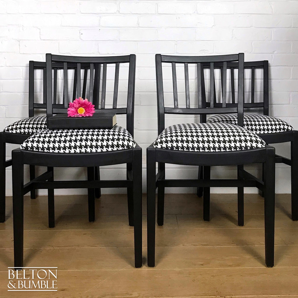 Set of 4 Dining Chairs in Black, Reupholstered with Black and White Houndstooth Fabric-Belton & Bumble