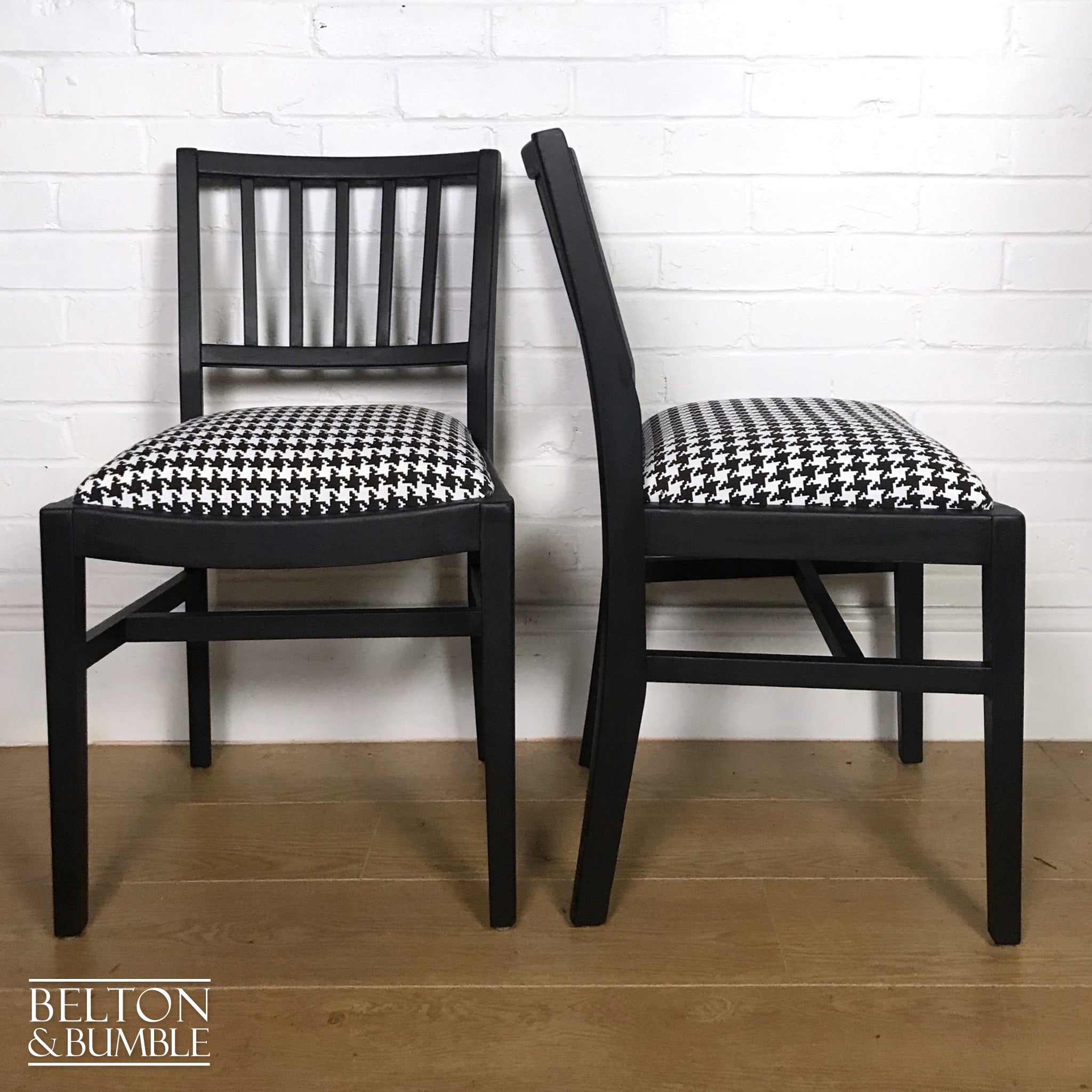 Set of 4 Dining Chairs in Black, Reupholstered with Black and White Houndstooth Fabric-Belton & Bumble