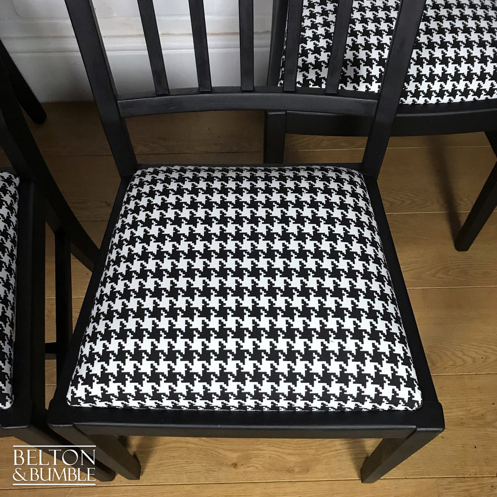 Set of 4 Dining Chairs in Black, Reupholstered with Black and White Houndstooth Fabric-Belton & Bumble