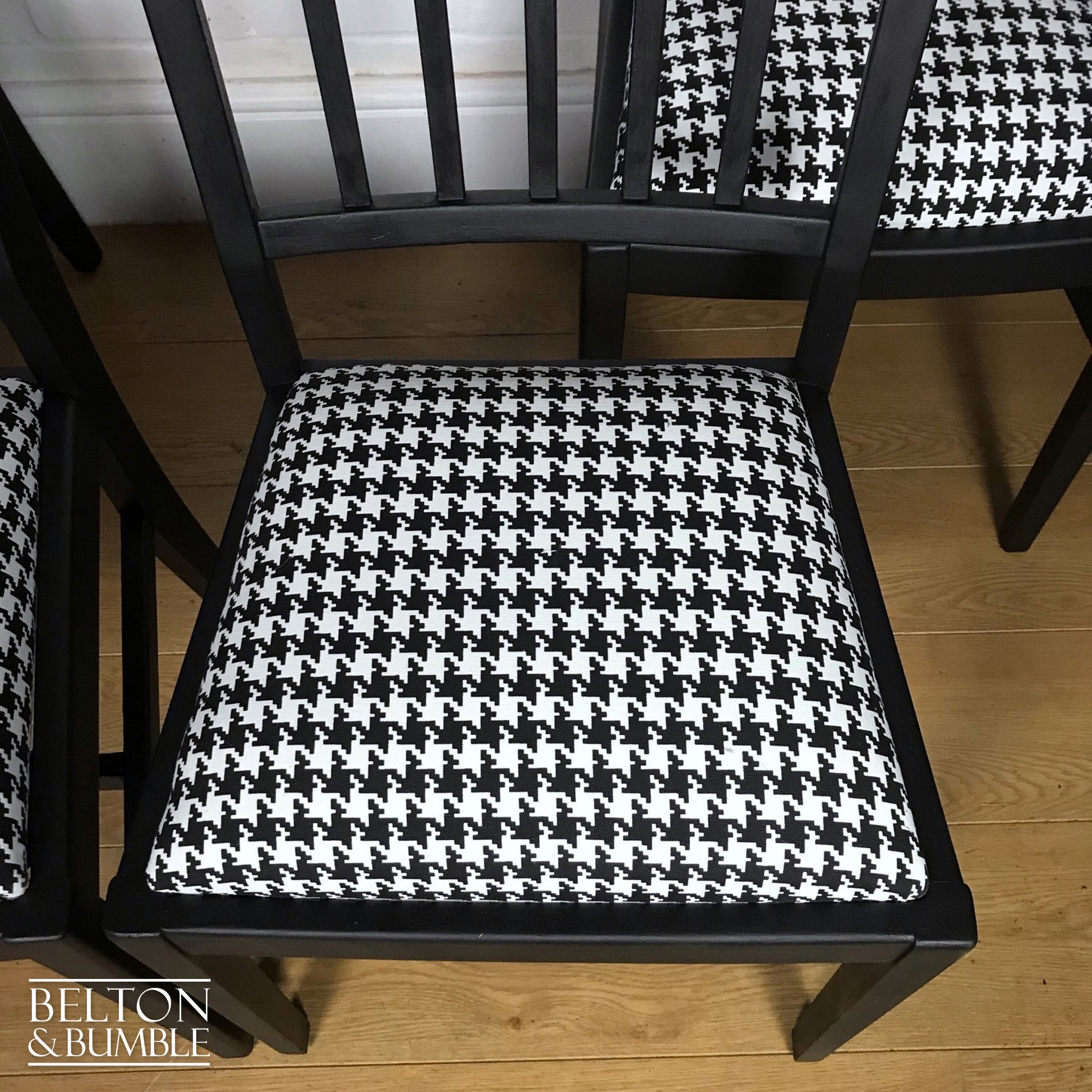 Set of 4 Dining Chairs in Black, Reupholstered with Black and White Houndstooth Fabric-Belton & Bumble