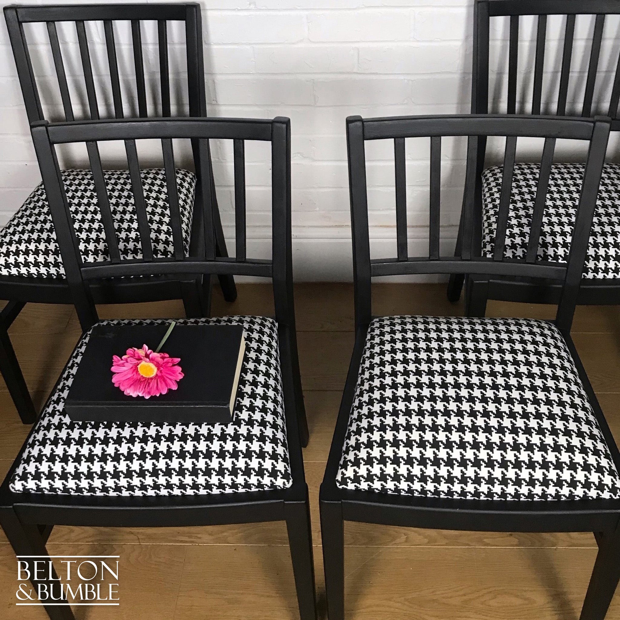Set of 4 Dining Chairs in Black, Reupholstered with Black and White Houndstooth Fabric-Belton & Bumble