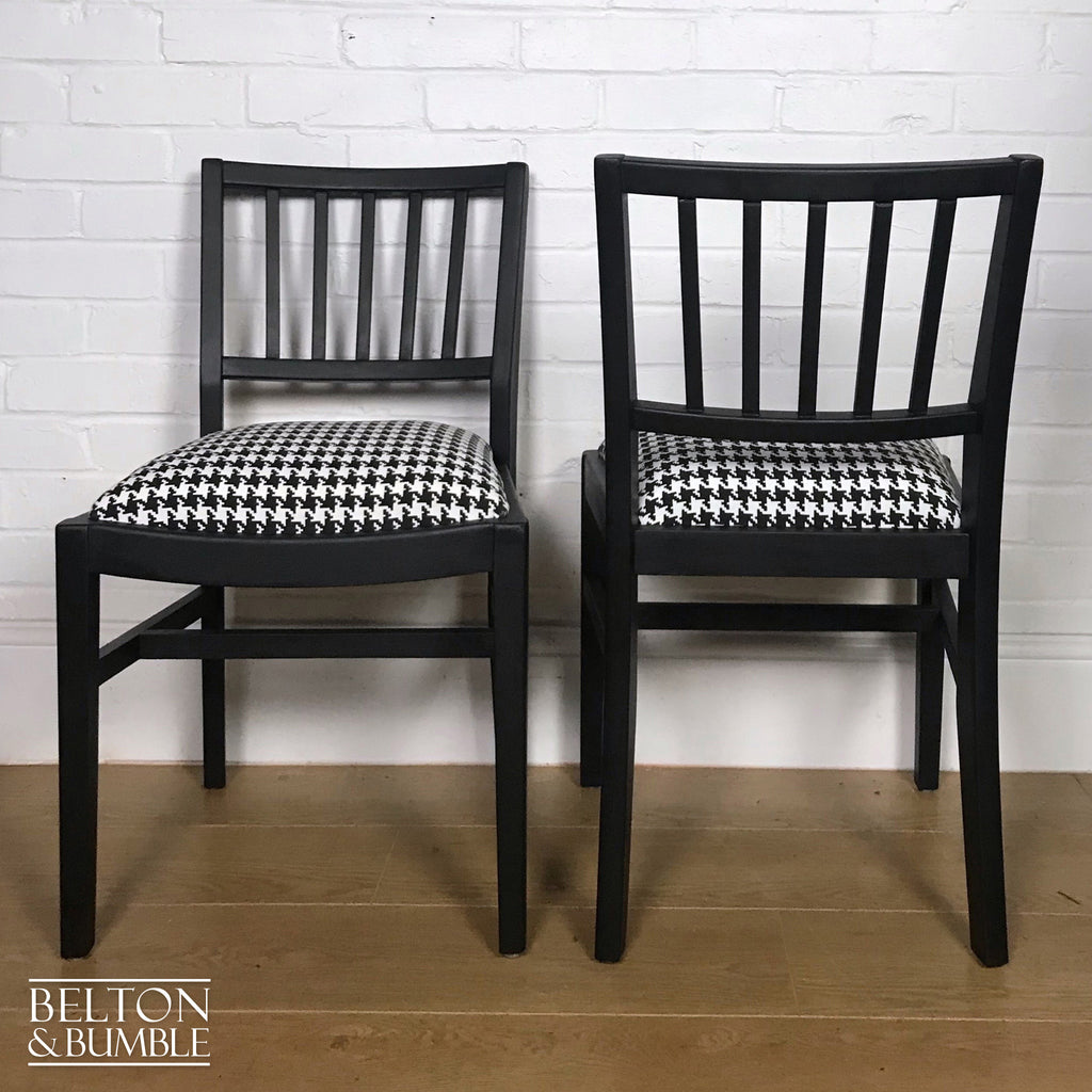 Set of 4 Dining Chairs in Black, Reupholstered with Black and White Houndstooth Fabric-Belton & Bumble