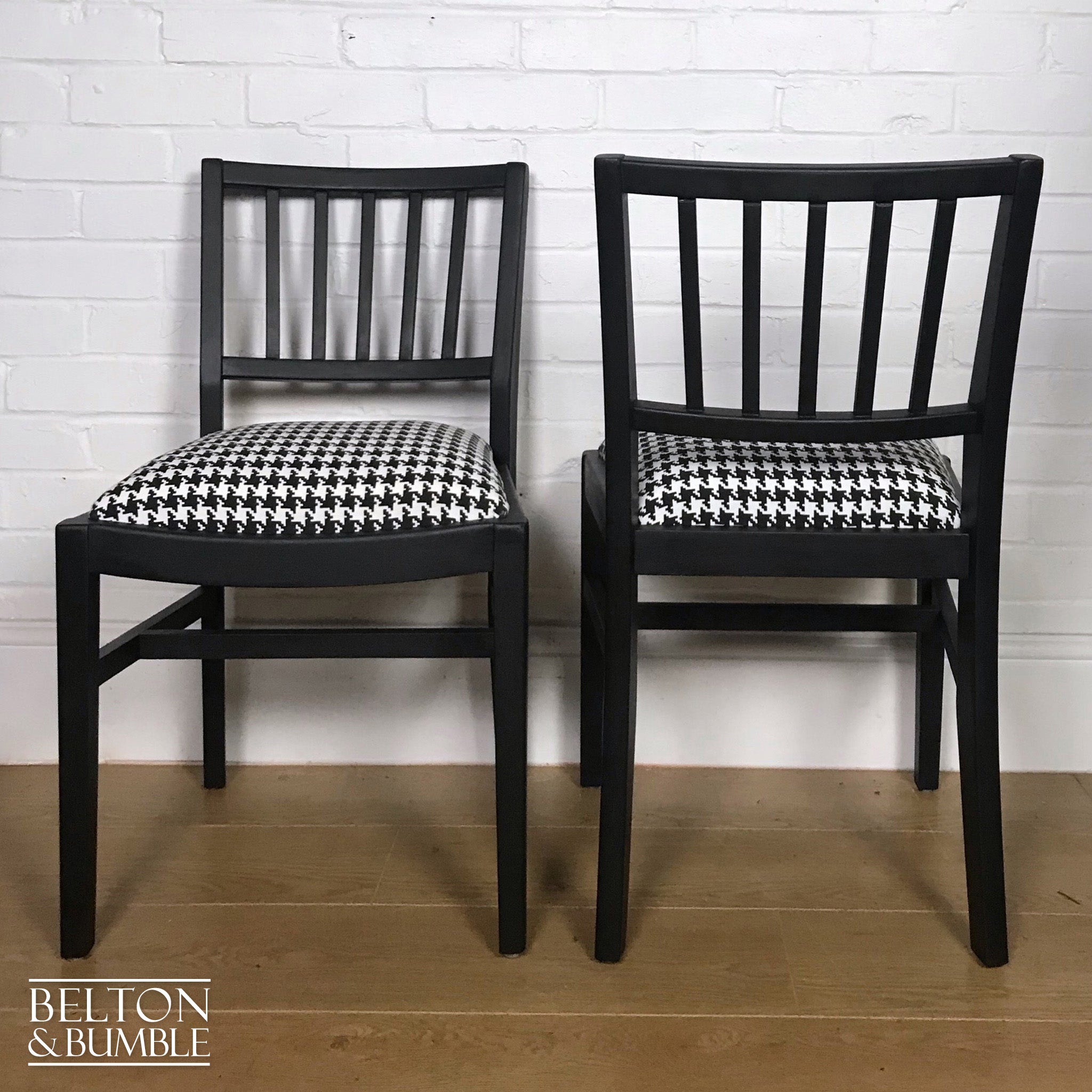 Set of 4 Dining Chairs in Black, Reupholstered with Black and White Houndstooth Fabric-Belton & Bumble