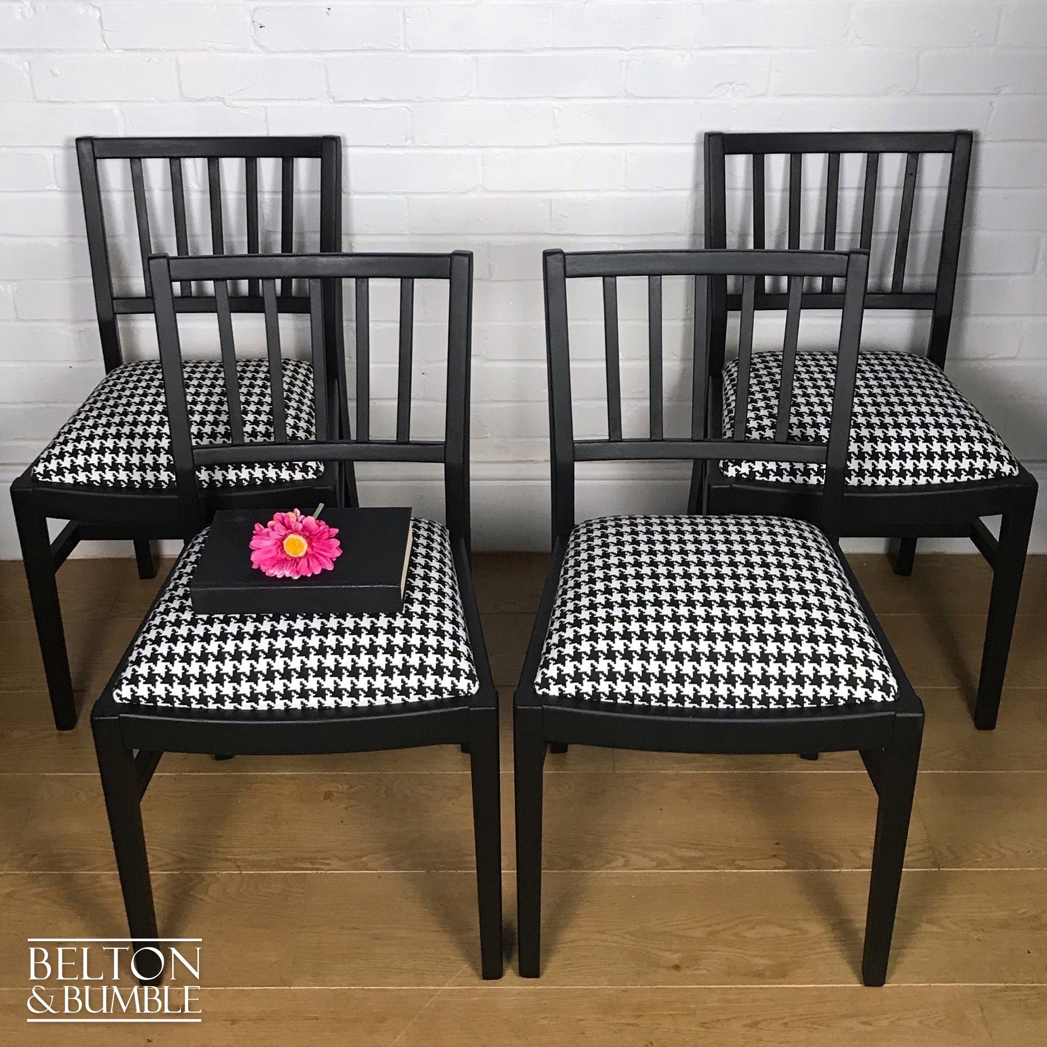 Set of 4 Dining Chairs in Black, Reupholstered with Black and White Houndstooth Fabric-Belton & Bumble